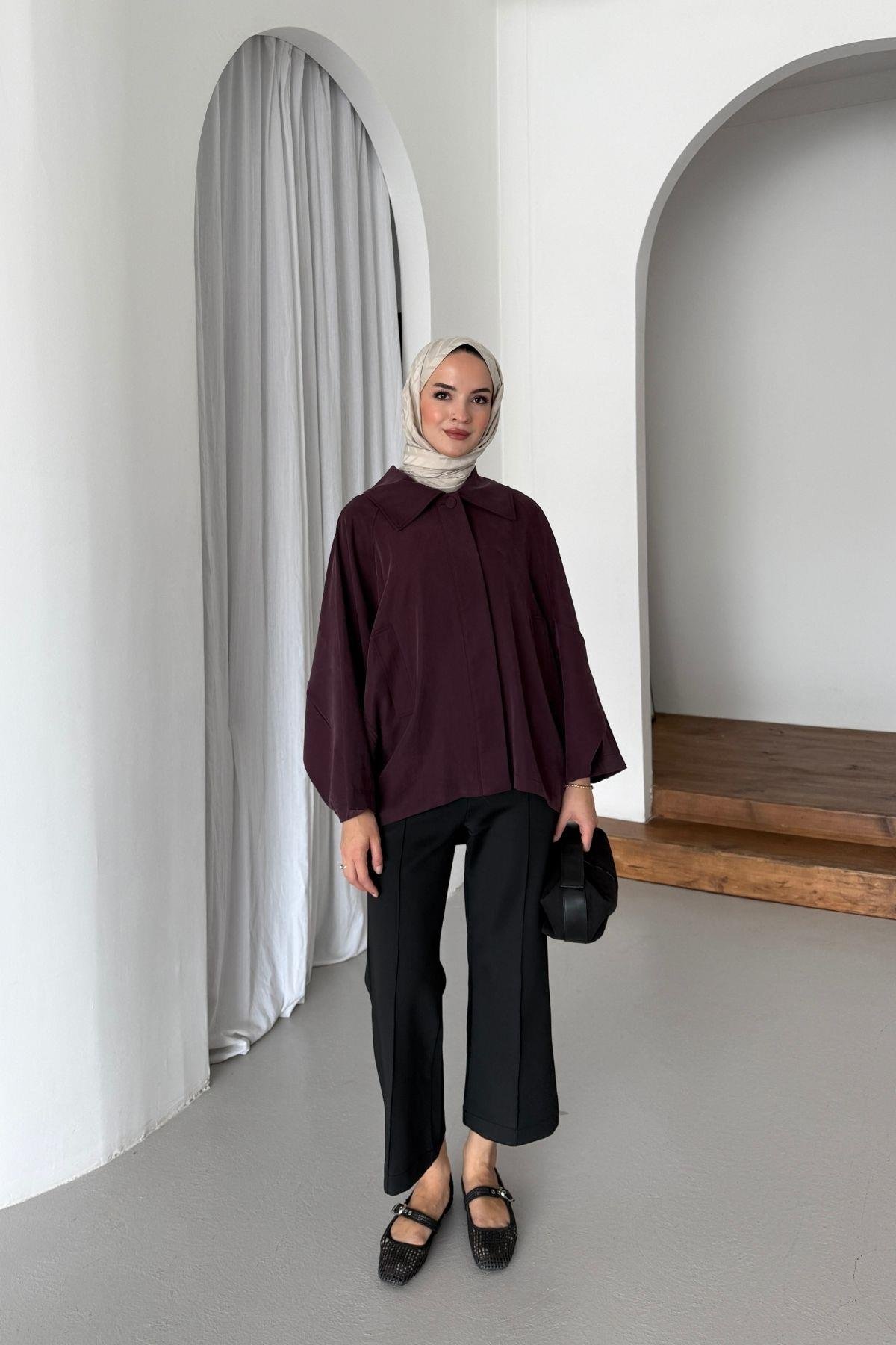 Geniş Yakalı Modal Trenç Bordo
