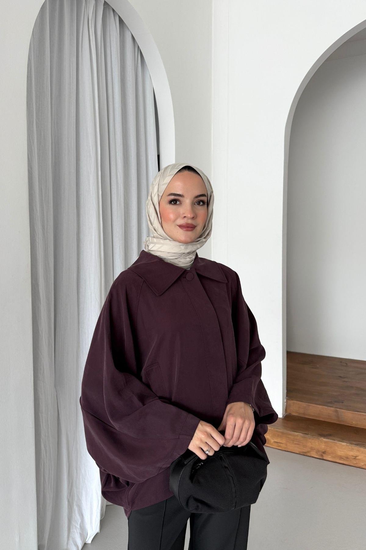 Geniş Yakalı Modal Trenç Bordo