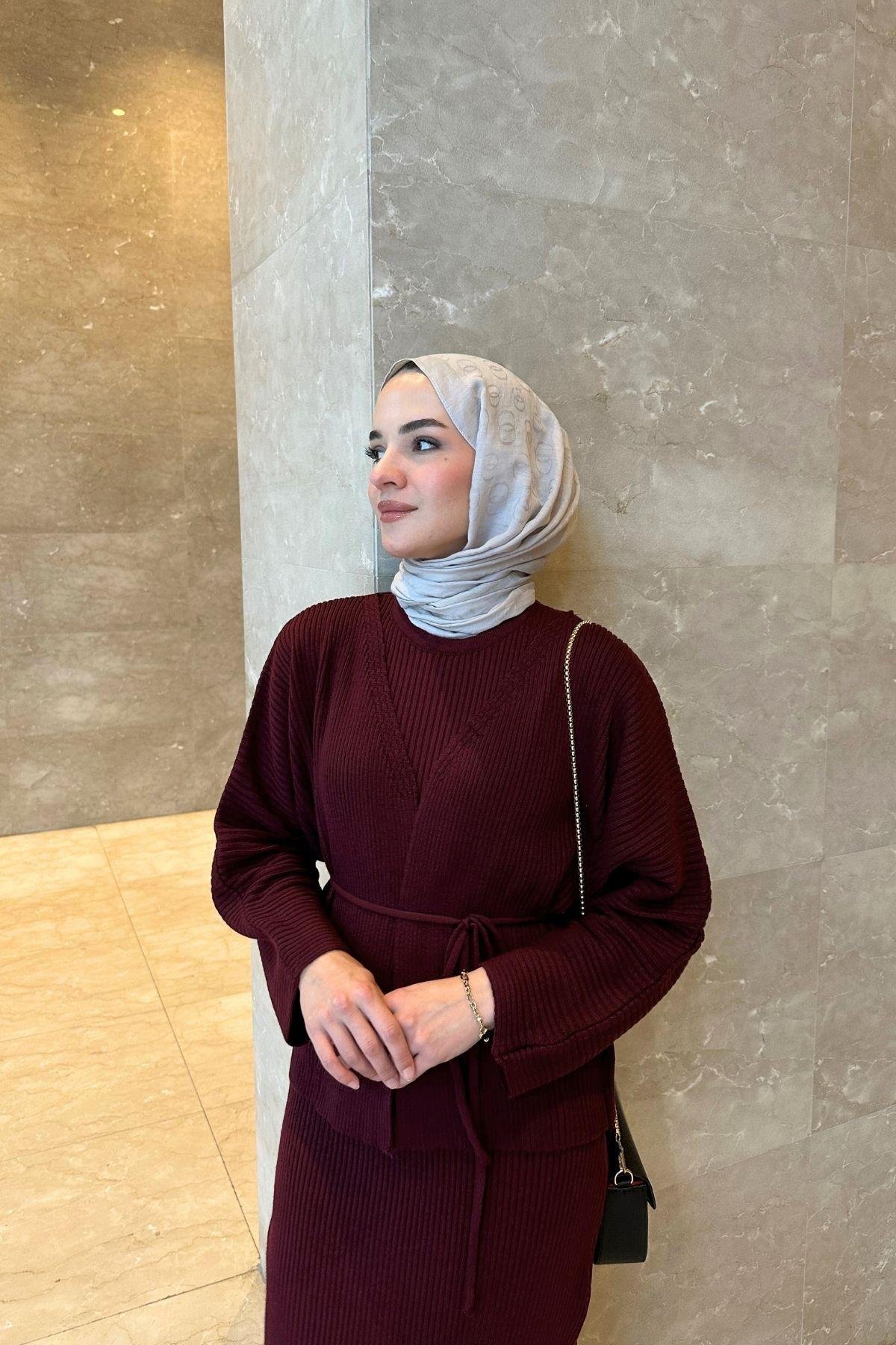 Hırkalı Triko Elbise Bordo