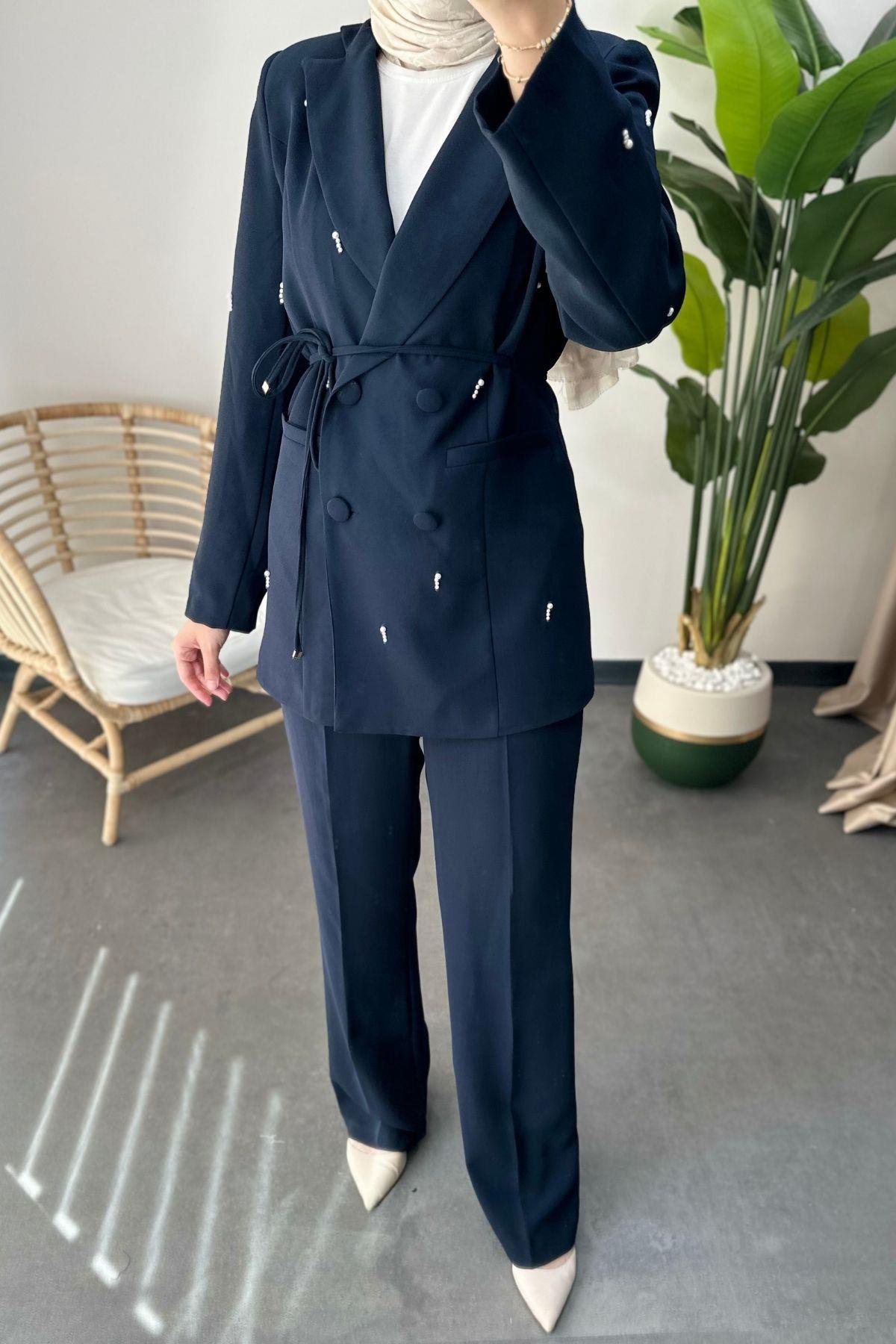 İncili Blazer Takım Lacivert