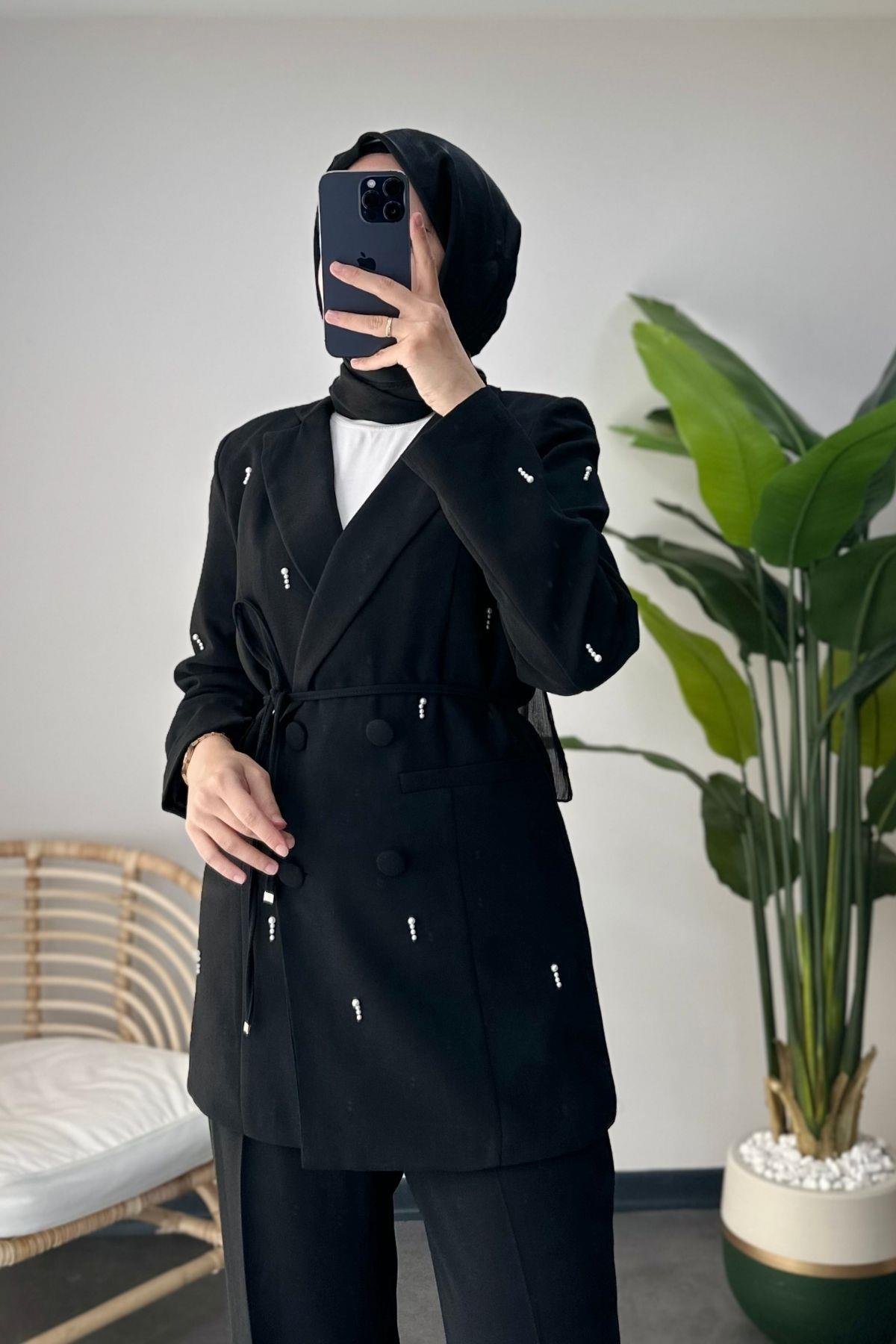 İncili Blazer Takım Siyah