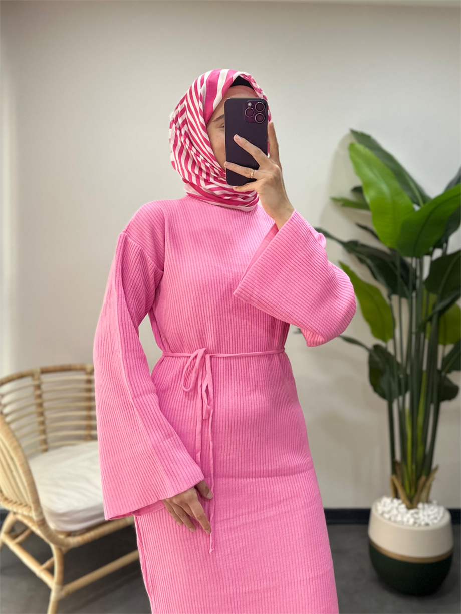 İp Kemerli Triko Elbise Pembe