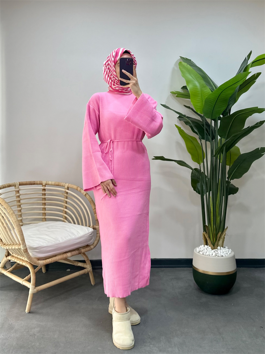 İp Kemerli Triko Elbise Pembe