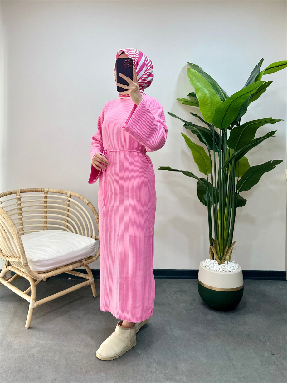 İp Kemerli Triko Elbise Pembe