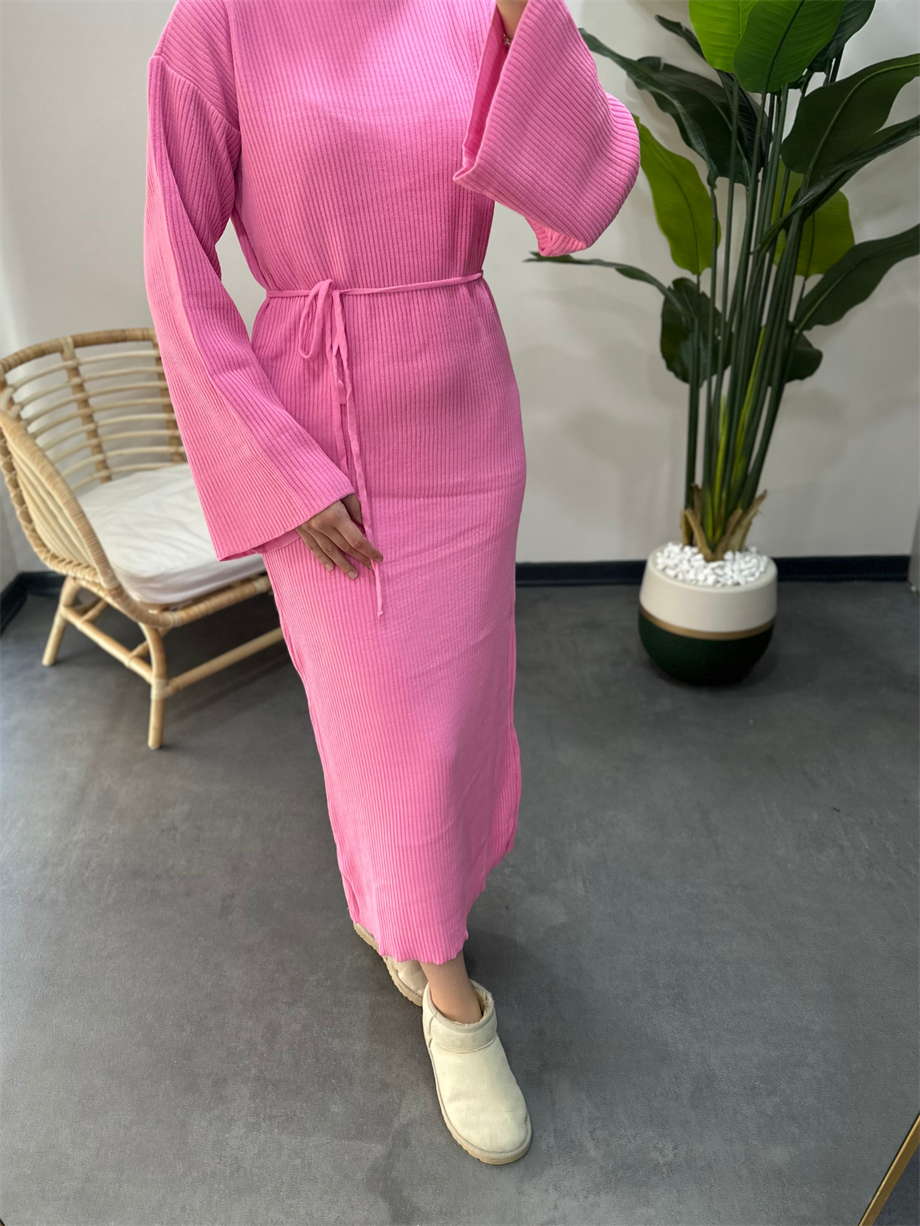 İp Kemerli Triko Elbise Pembe
