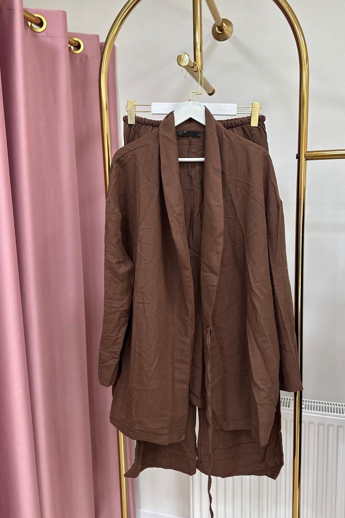 Kimonolu Keten Takım Kahverengi Outlet