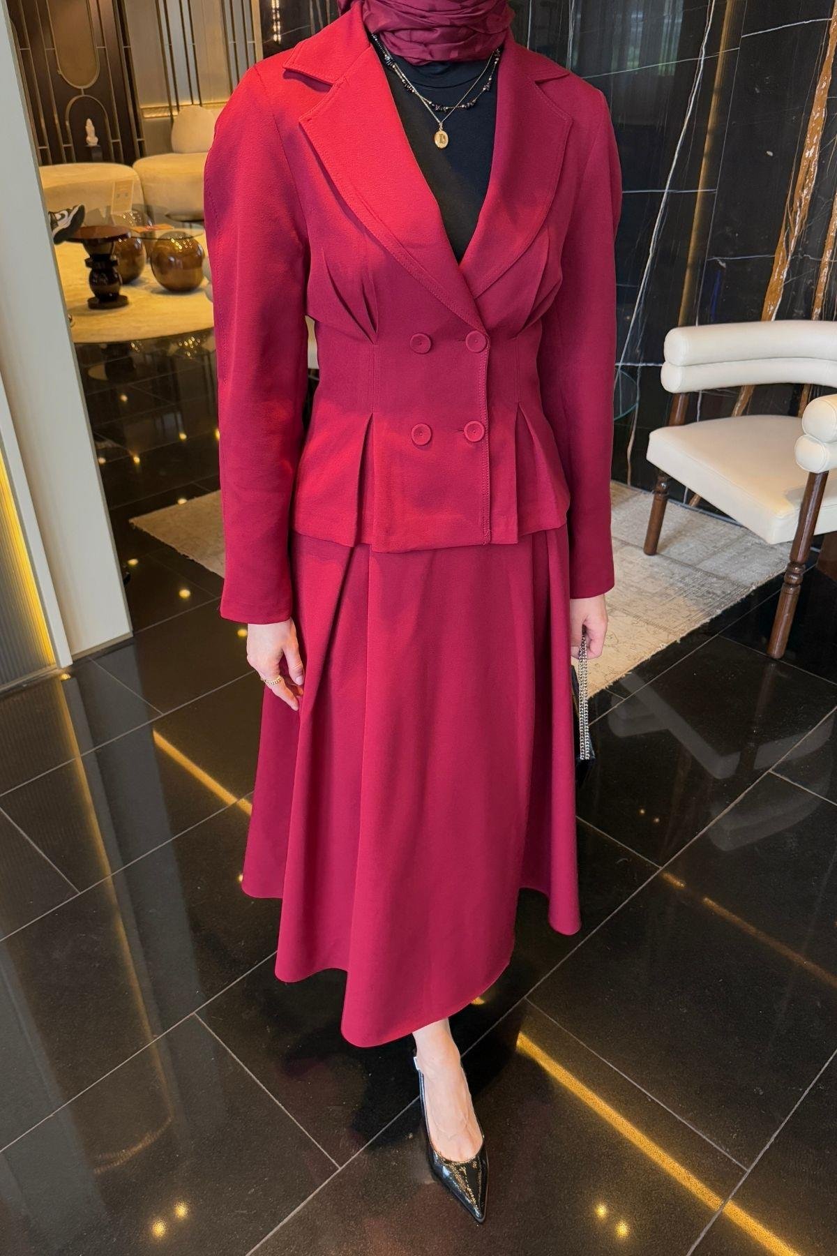 Lara Blazer Etekli Takım Bordo