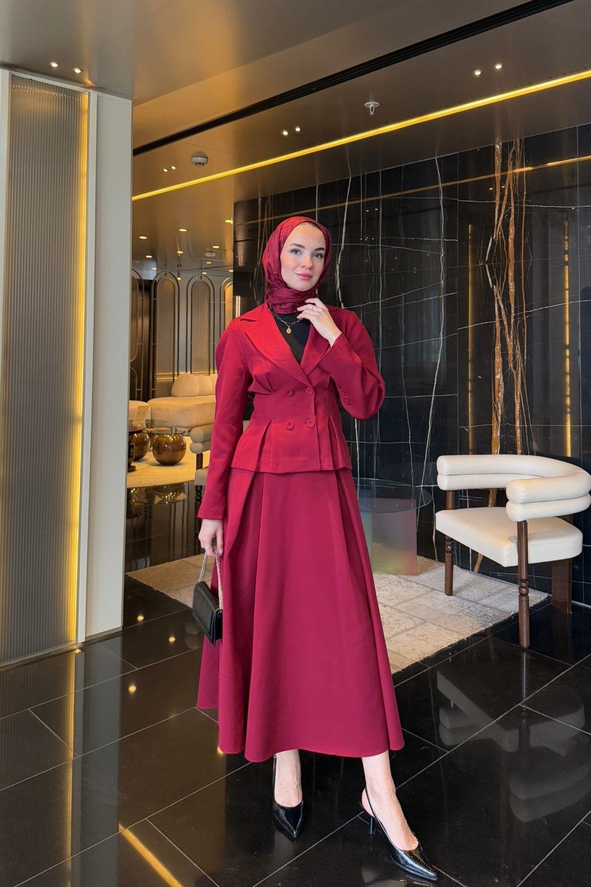 Lara Blazer Etekli Takım Bordo