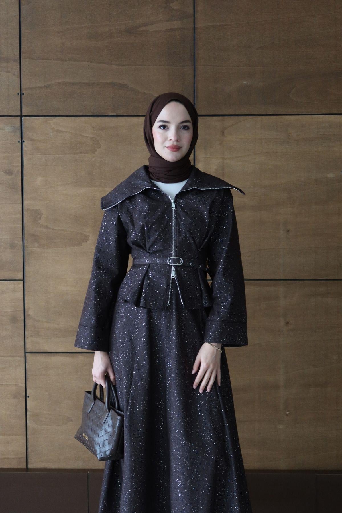 Laura Simli Denim Takım Kahverengi