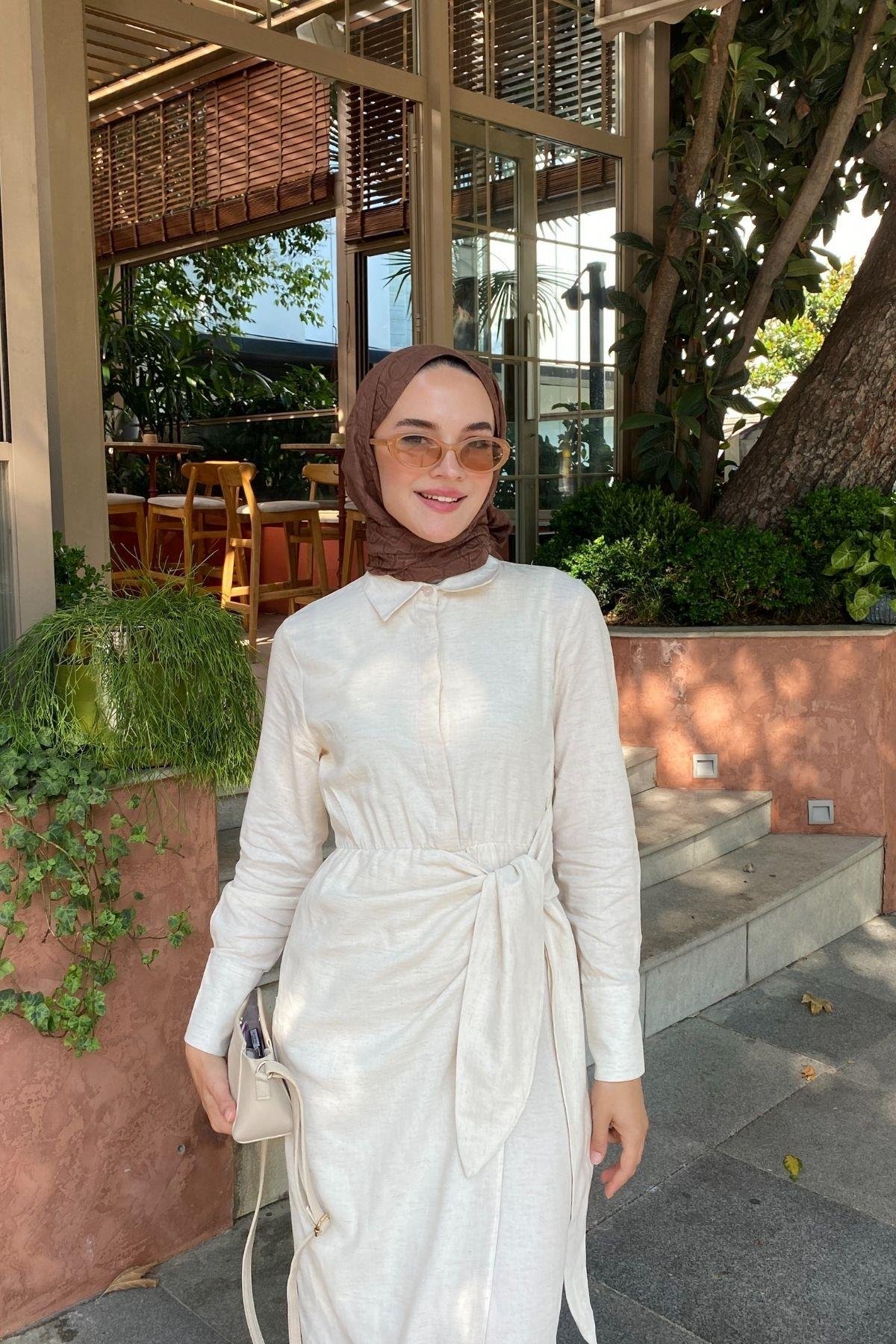 Lia Bağlamalı Keten Elbise Ekru