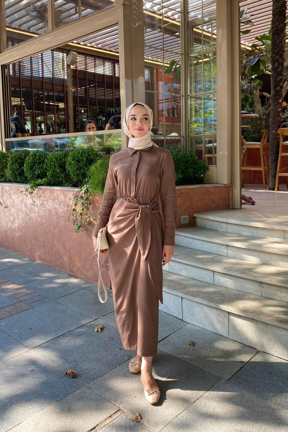 Lia Bağlamalı Keten Elbise Kahverengi