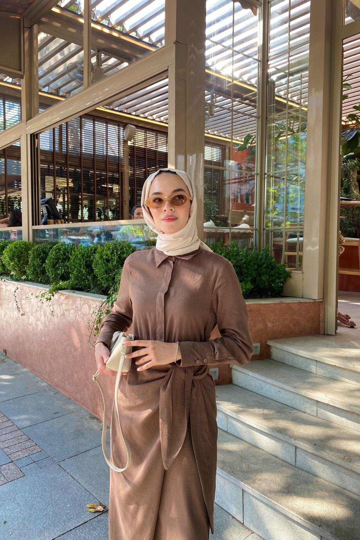 Lia Bağlamalı Keten Elbise Kahverengi