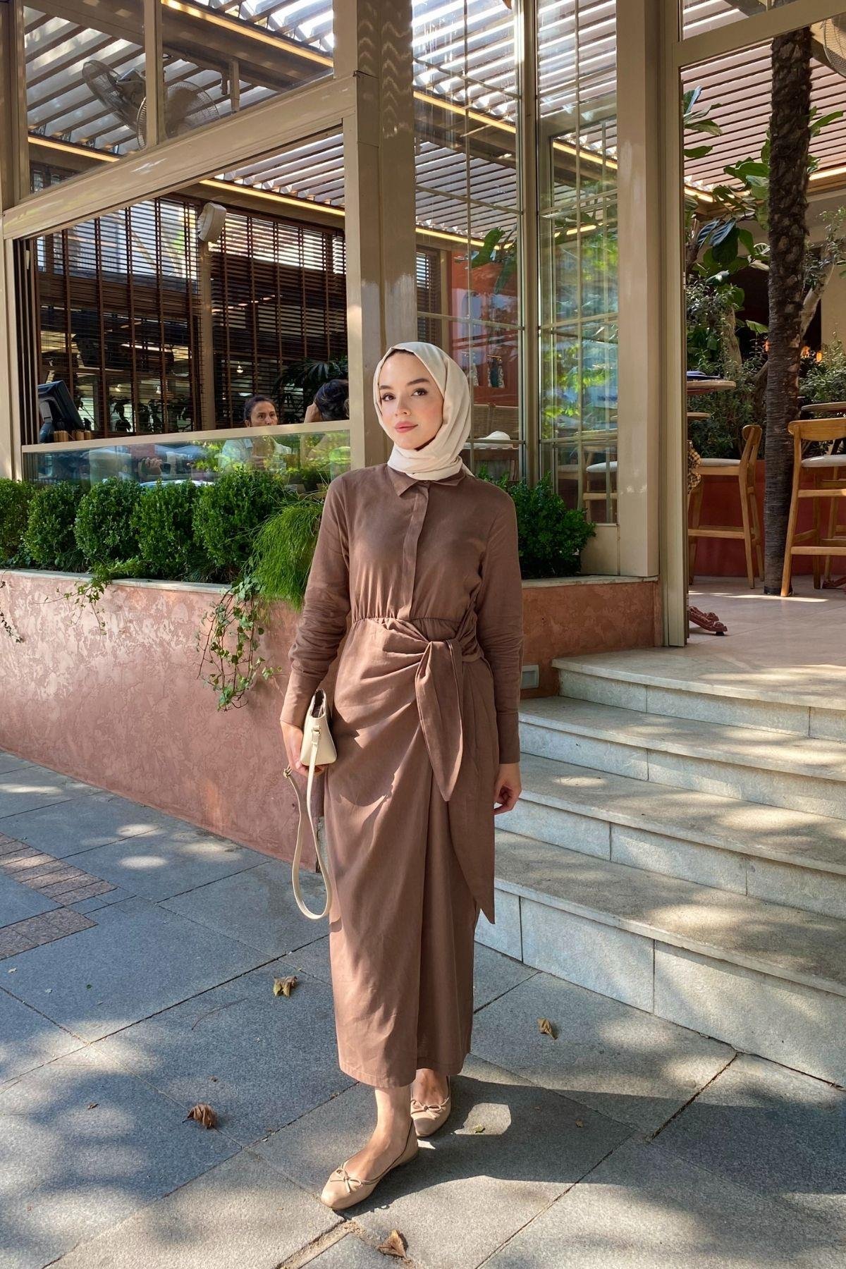 Lia Bağlamalı Keten Elbise Kahverengi