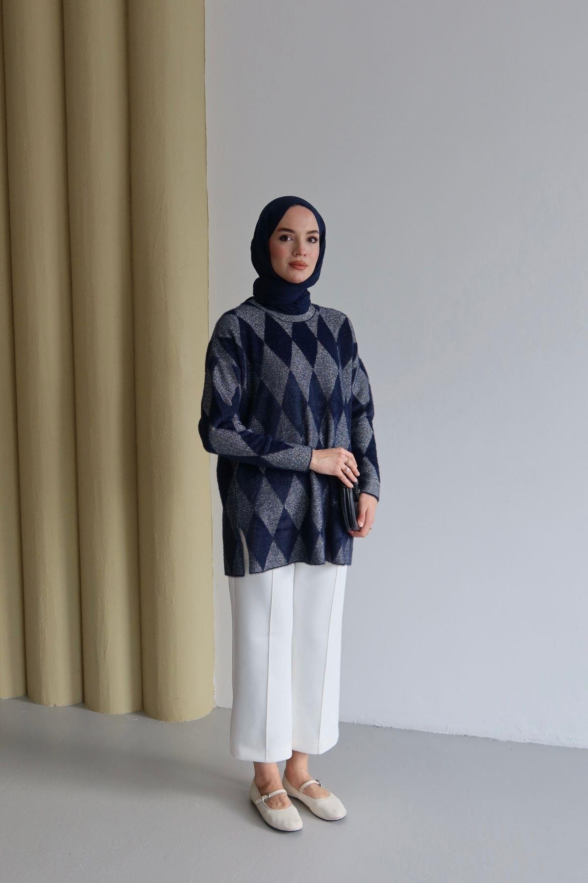 Lisa Baklava Desen Angora Tunik Lacivert