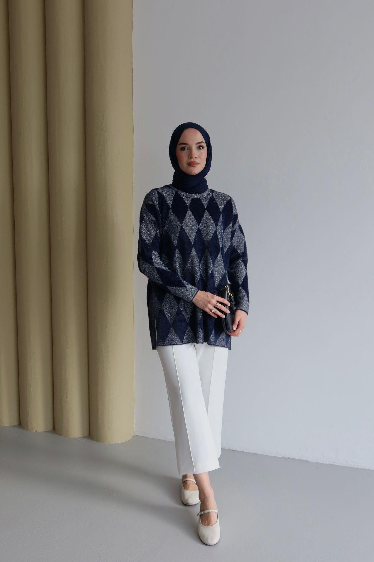 Lisa Baklava Desen Angora Tunik Lacivert