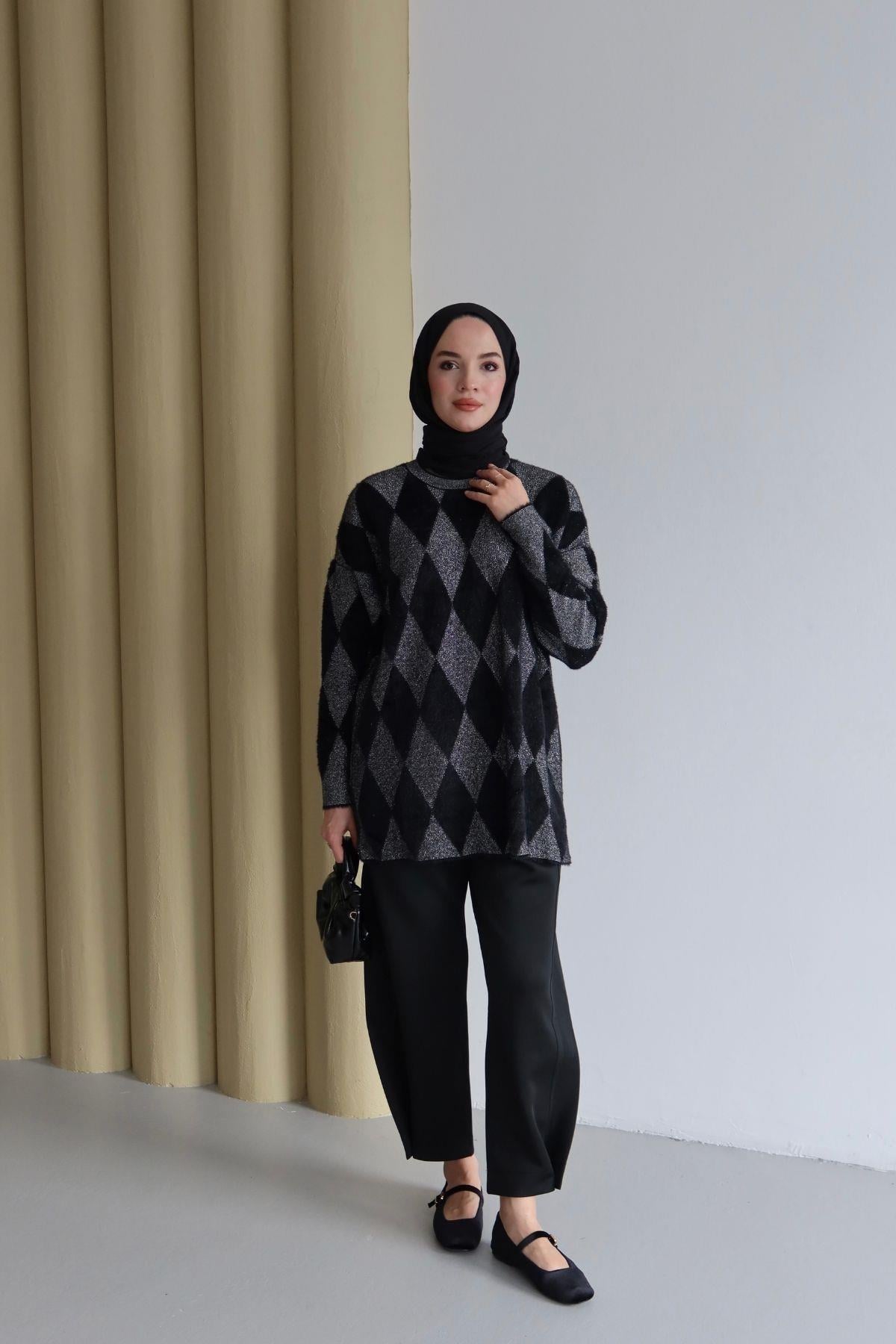 Lisa Baklava Desen Angora Tunik Siyah