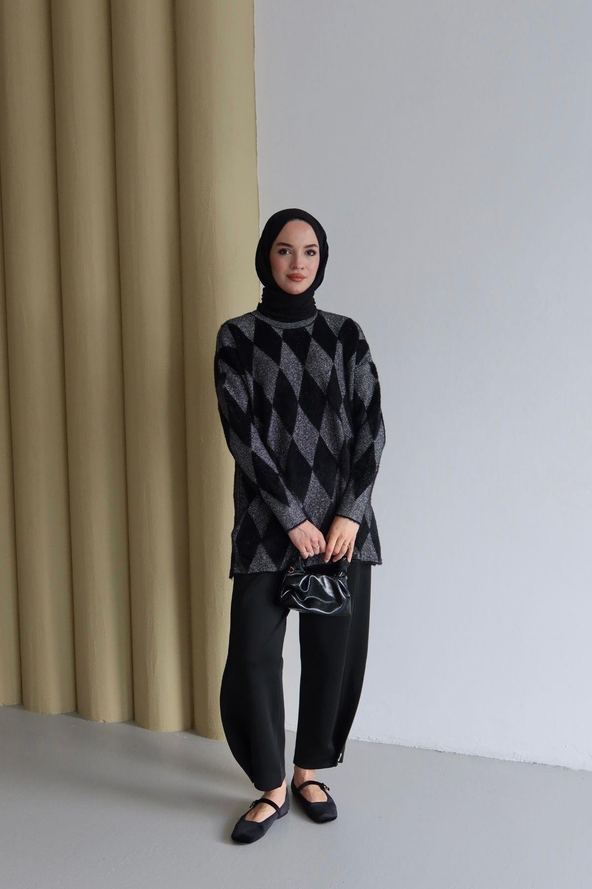 Lisa Baklava Desen Angora Tunik Siyah