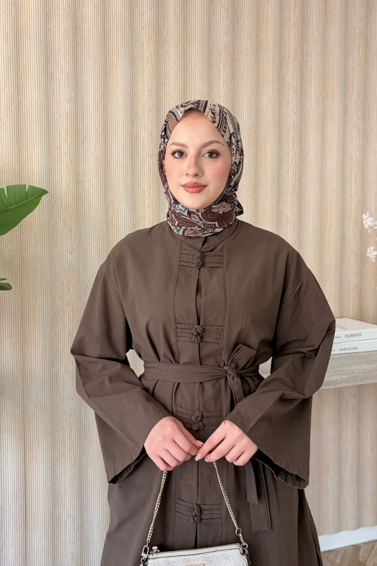 Liva Keten Düğmeli Tunik Kahverengi