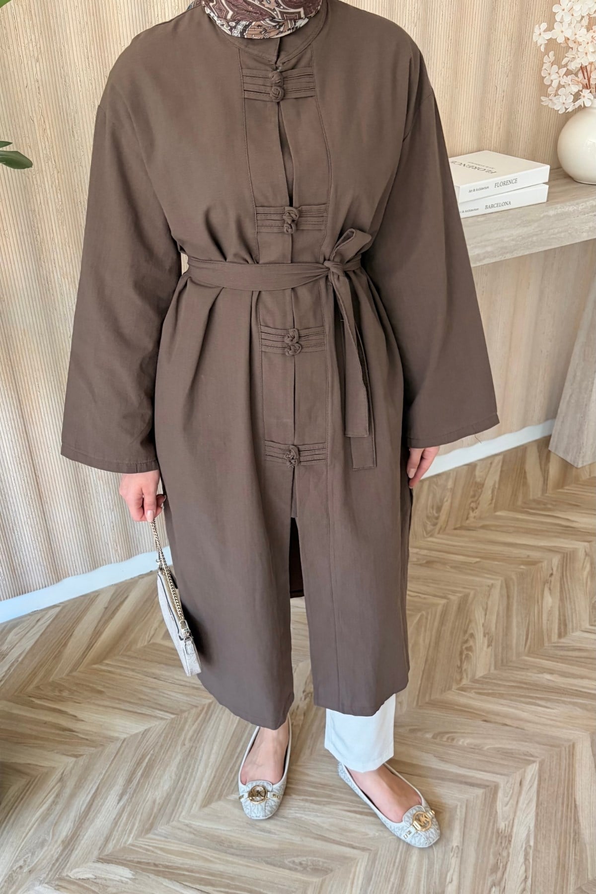 Liva Keten Düğmeli Tunik Kahverengi