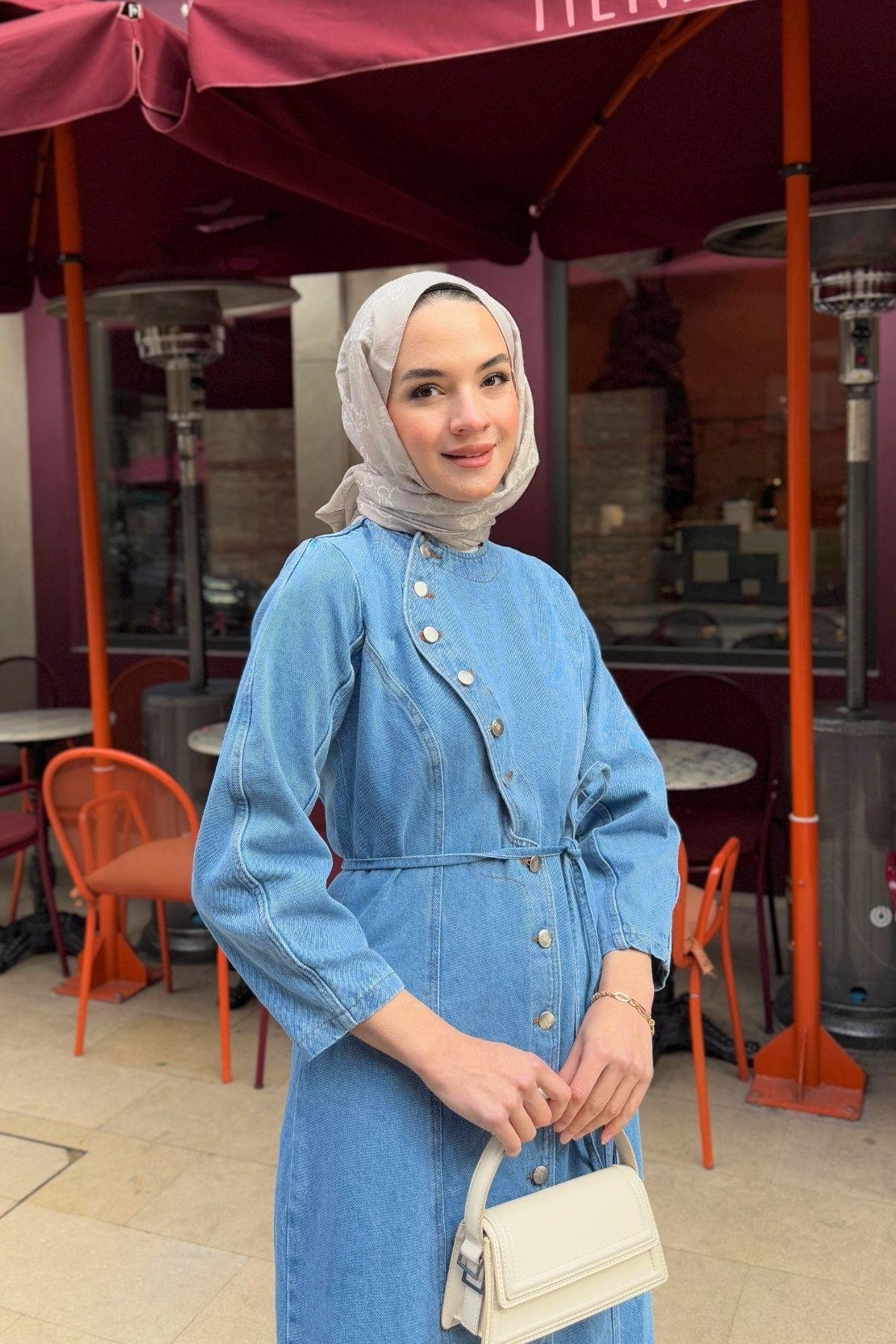 Mary Denim Elbise Açık Mavi