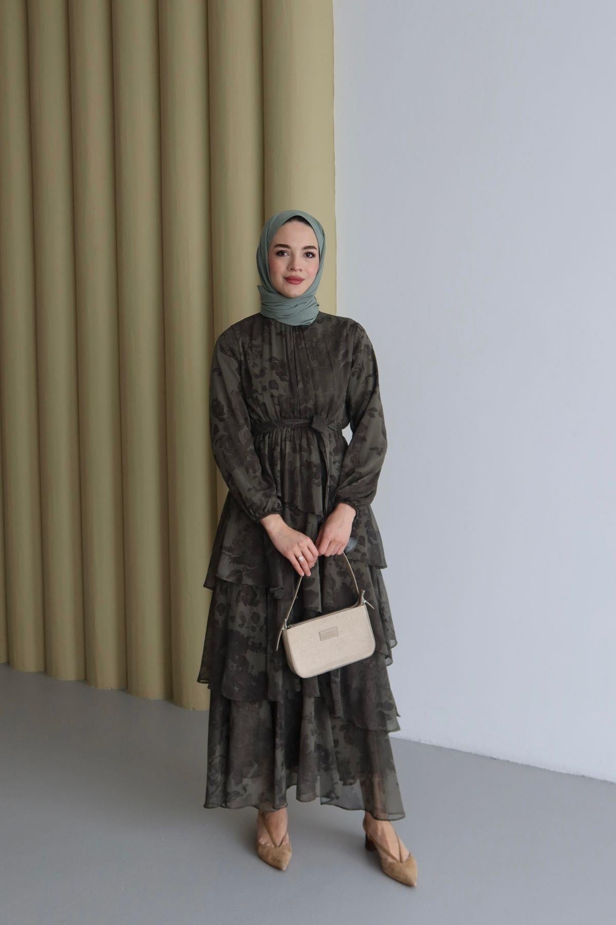 Maya Desenli Şifon Elbise Haki