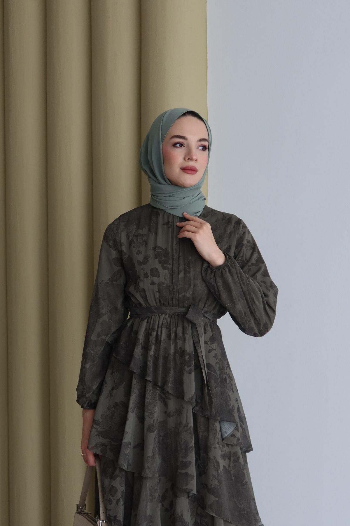 Maya Desenli Şifon Elbise Haki