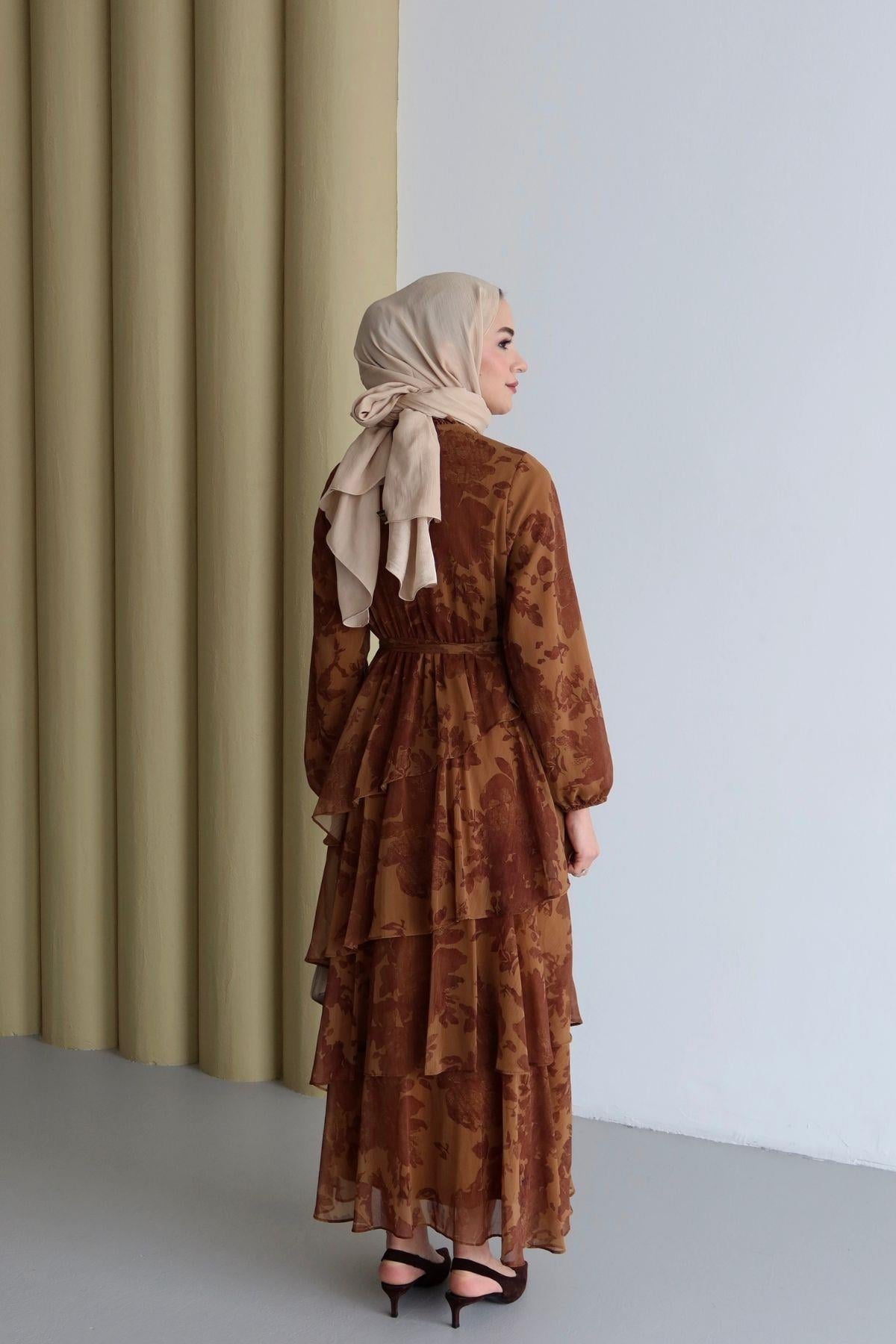 Maya Desenli Şifon Elbise Hardal