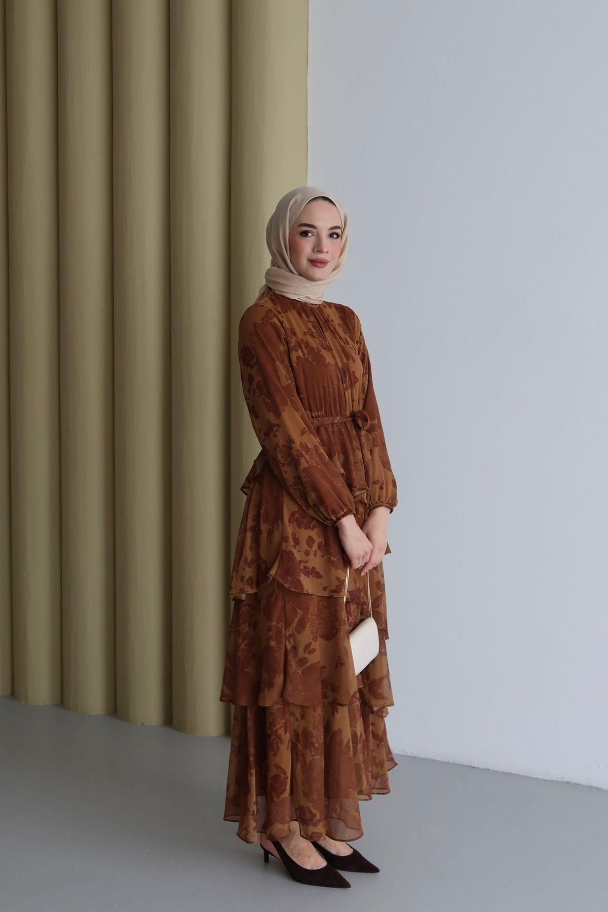 Maya Desenli Şifon Elbise Hardal