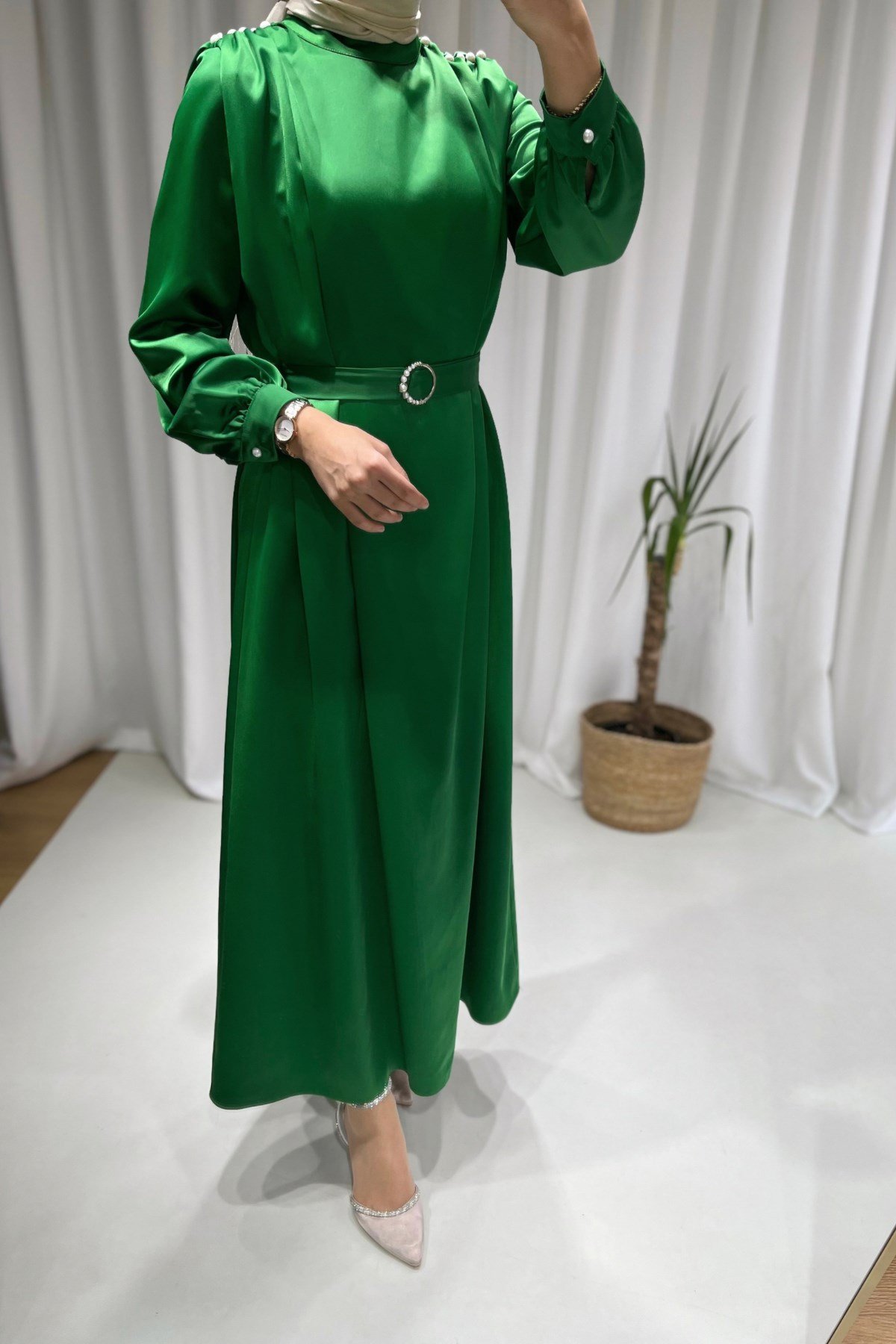 Mayra İnci Detay Elbise Yeşil