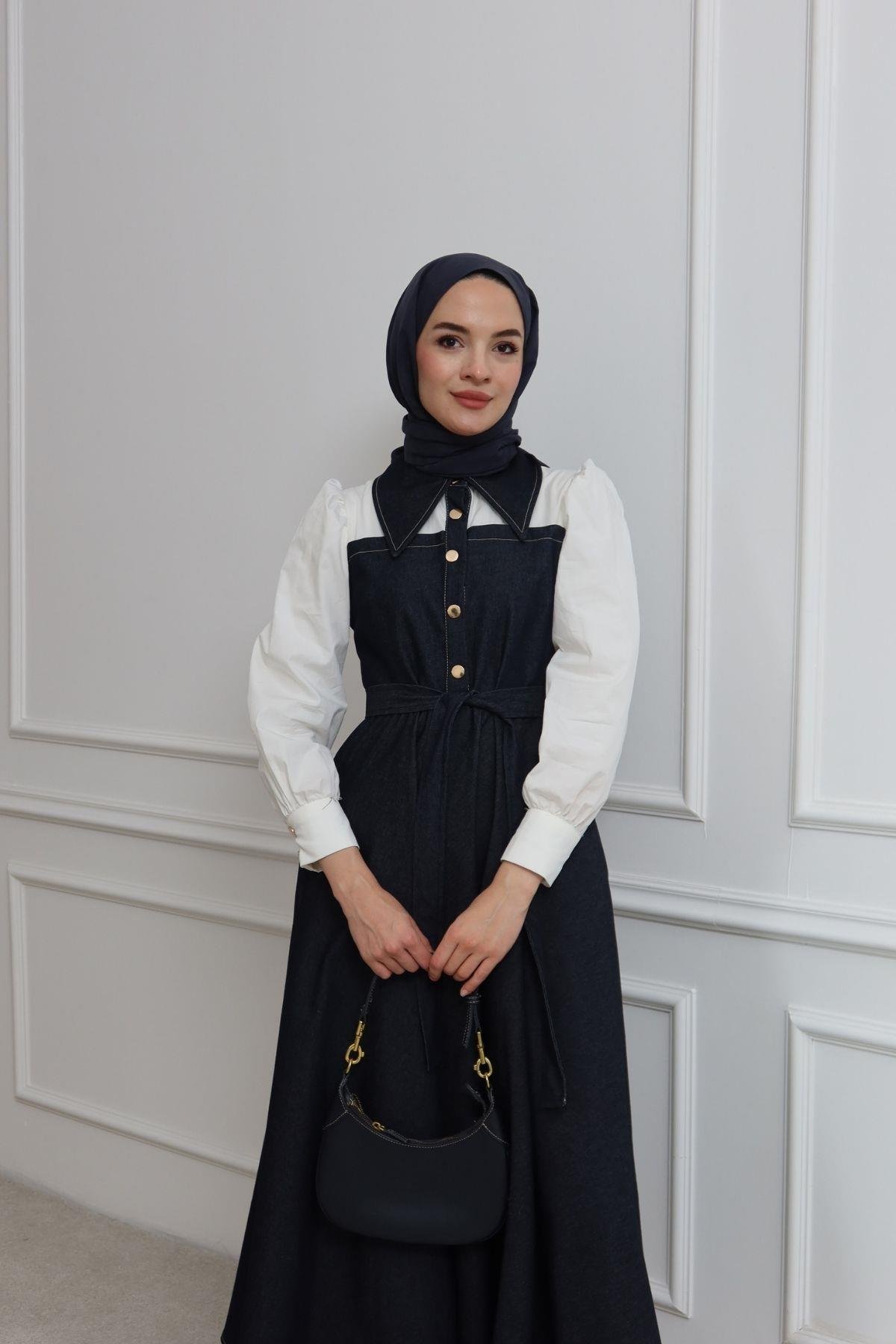 Melina Gömlek Detaylı Elbise Lacivert