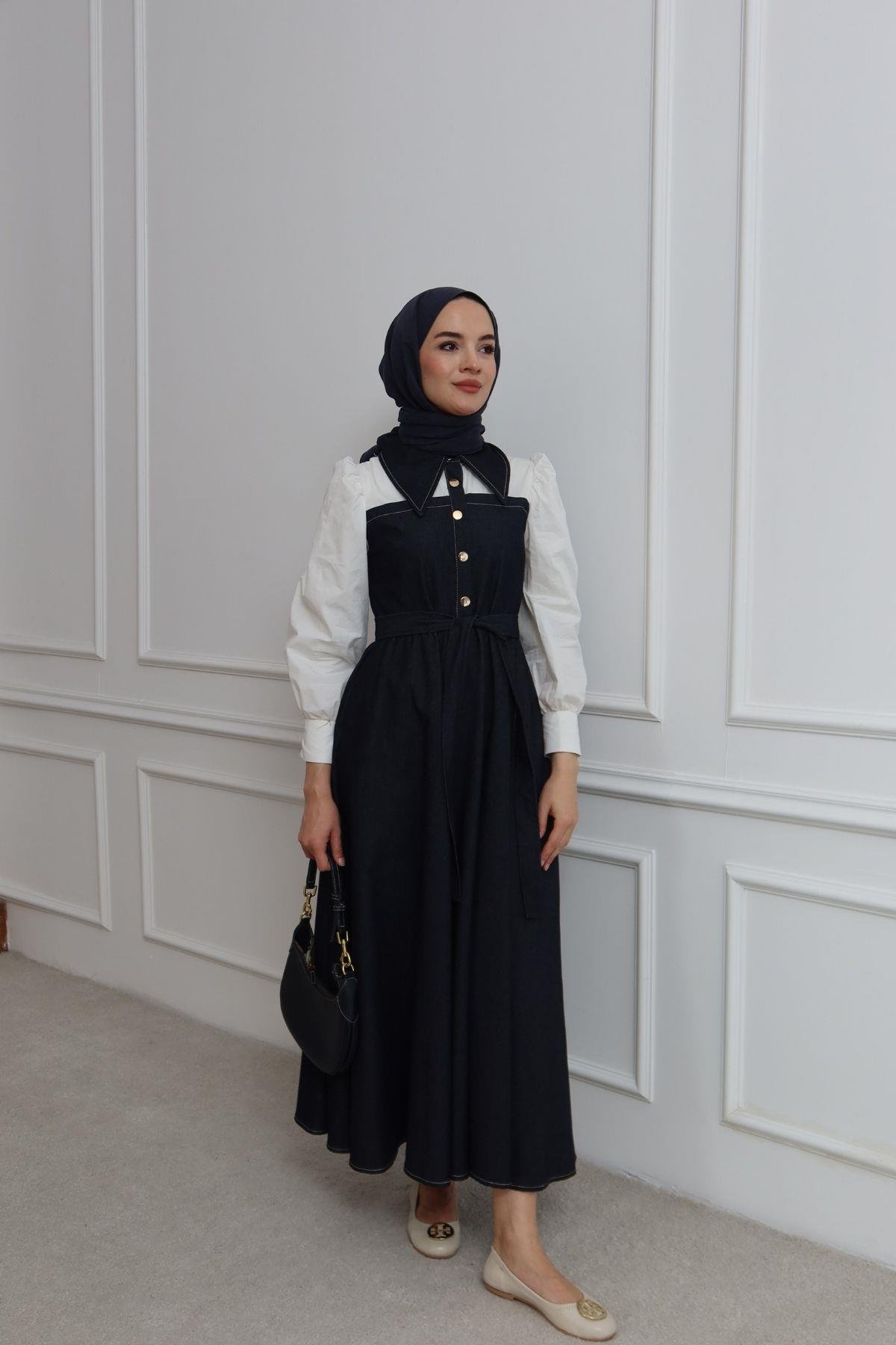 Melina Gömlek Detaylı Elbise Lacivert