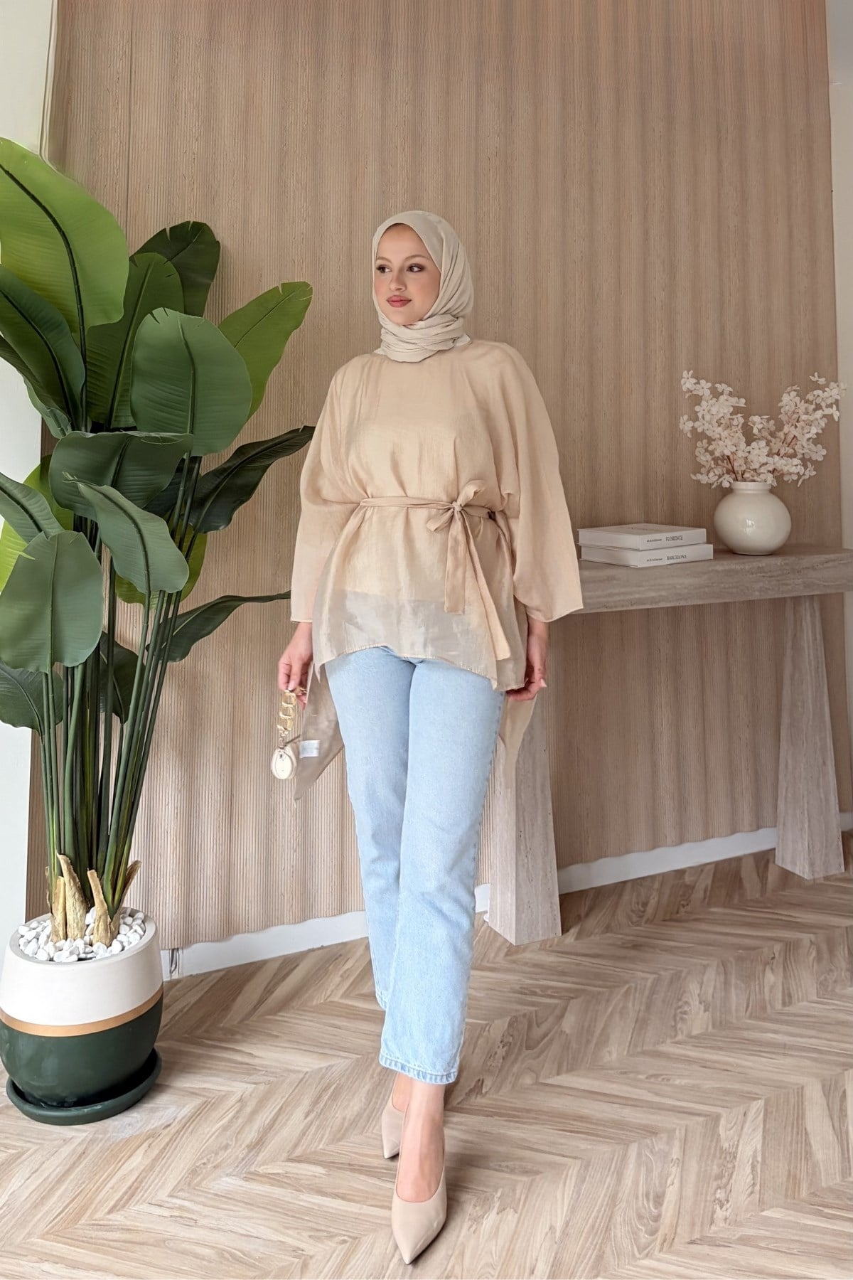 Mina Tül Transparan Bluz Taş Rengi