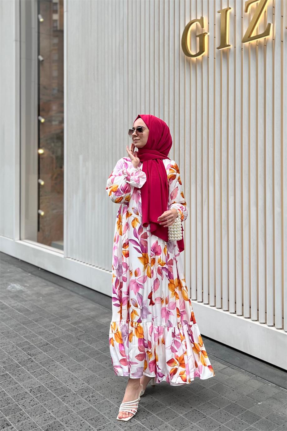 Mona Yaprak Desenli Elbise Pembe