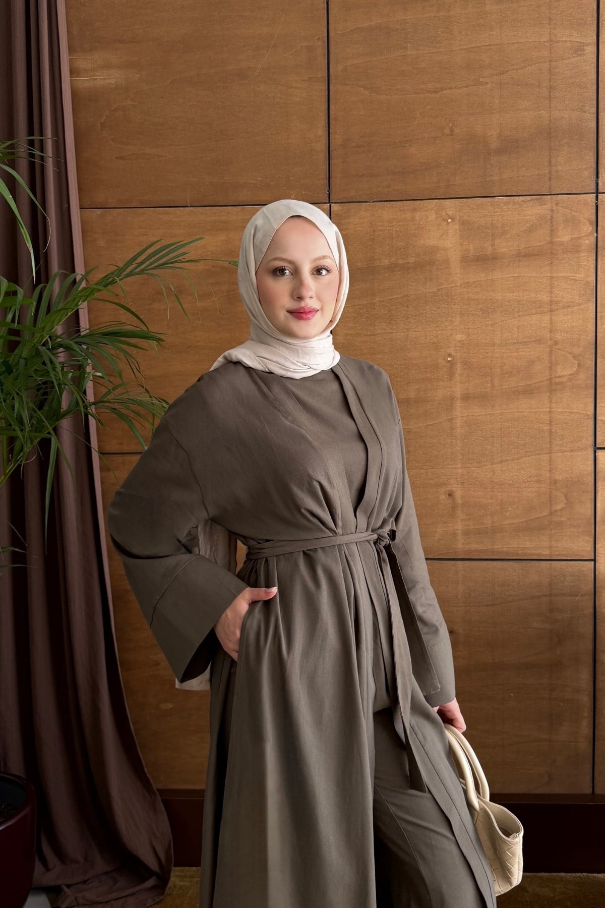 Moni Pantolonlu Abaya Takım Kahve