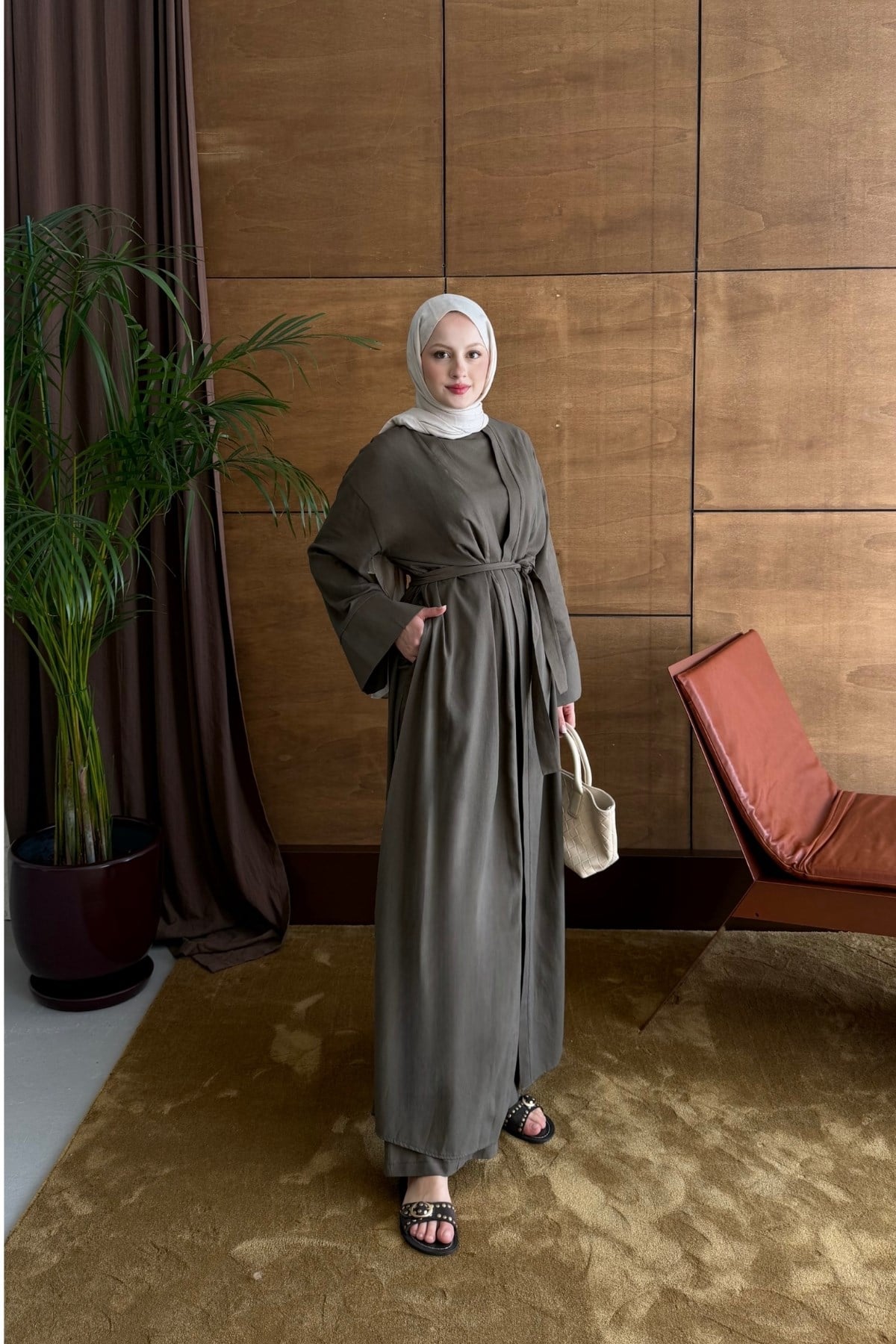 Moni Pantolonlu Abaya Takım Kahve