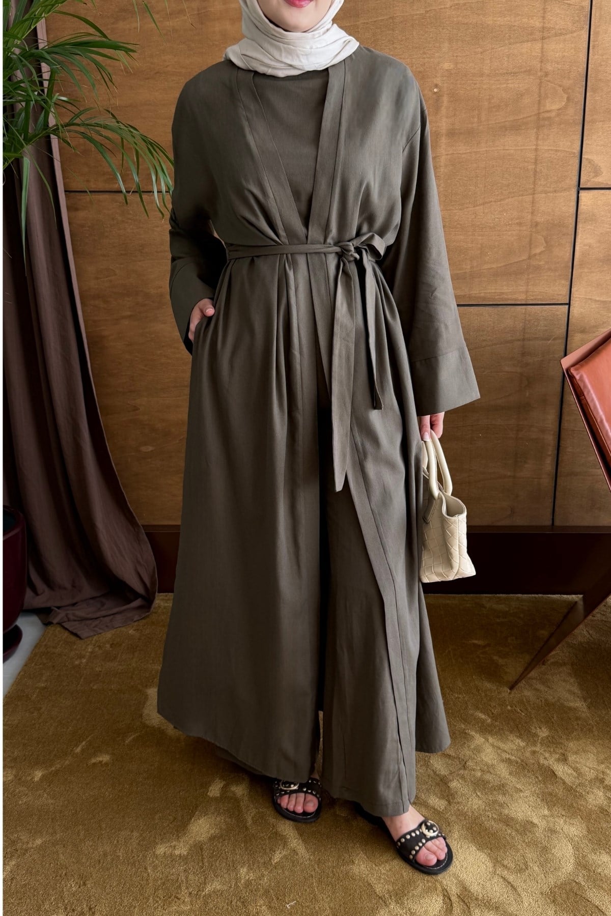 Moni Pantolonlu Abaya Takım Kahve