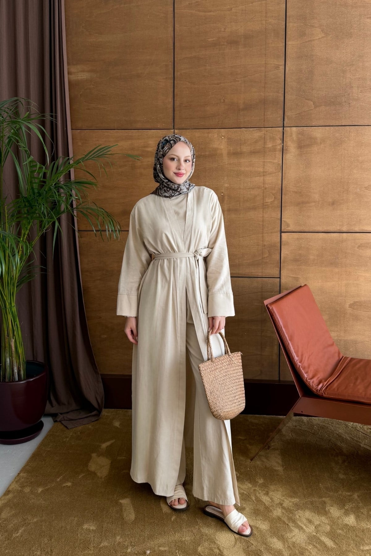 Moni Pantolonlu Abaya Takım Taş Rengi