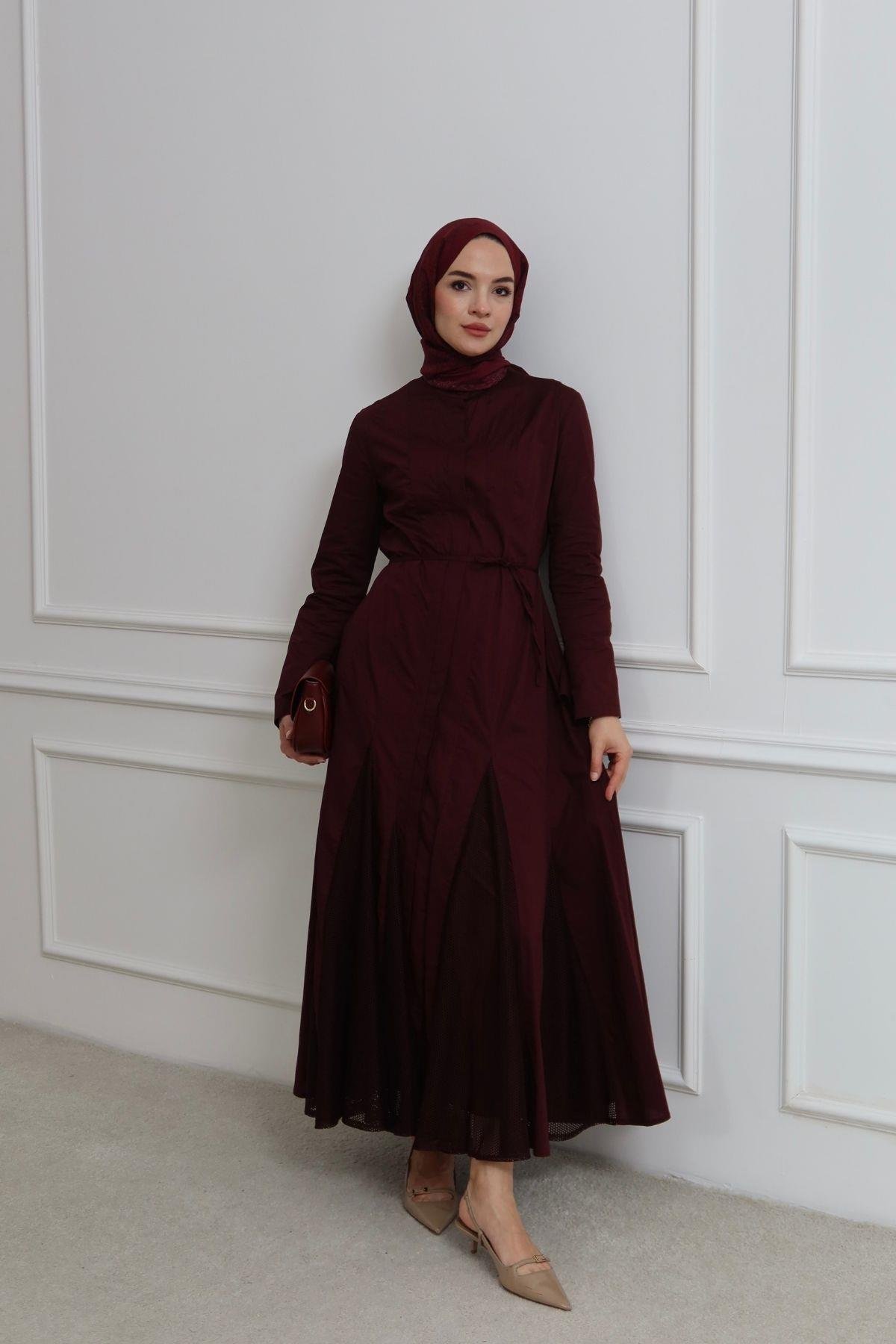 Neptün Eteği File Detaylı Elbise Bordo