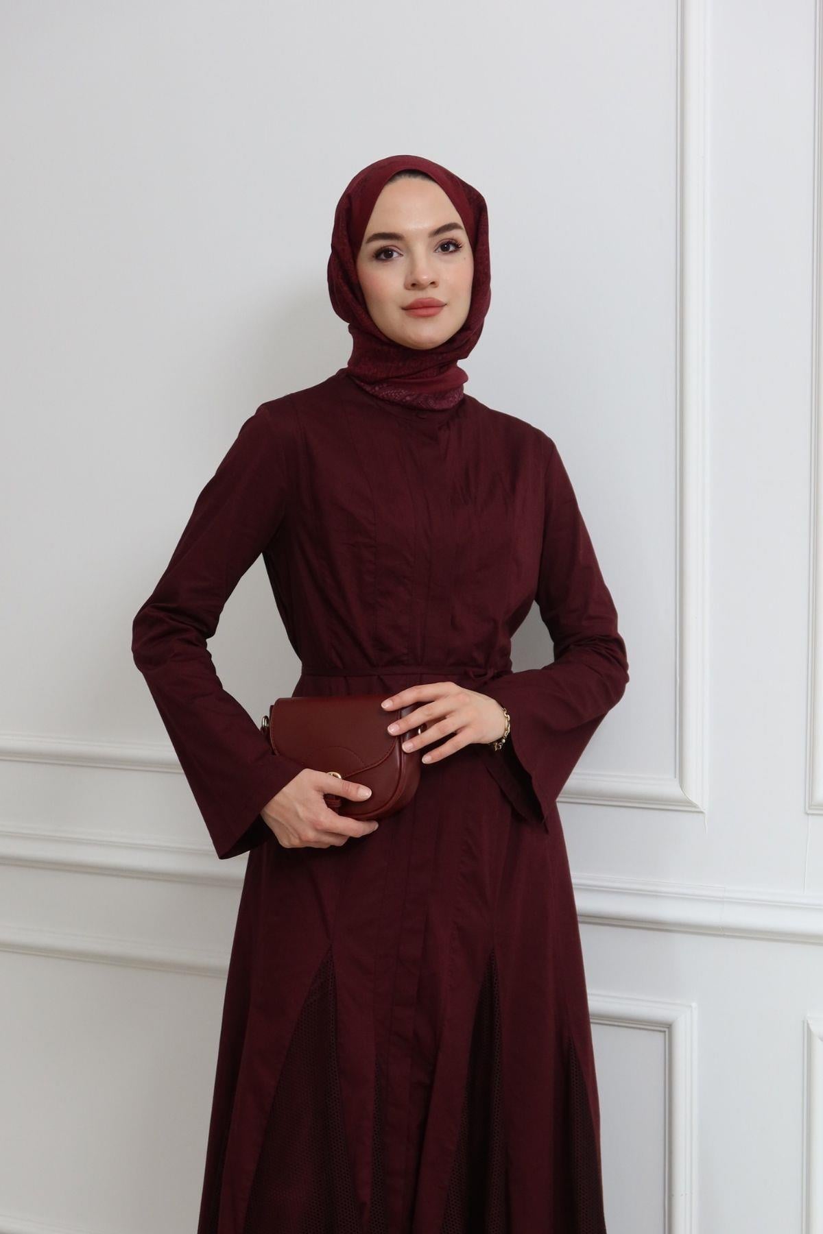 Neptün Eteği File Detaylı Elbise Bordo