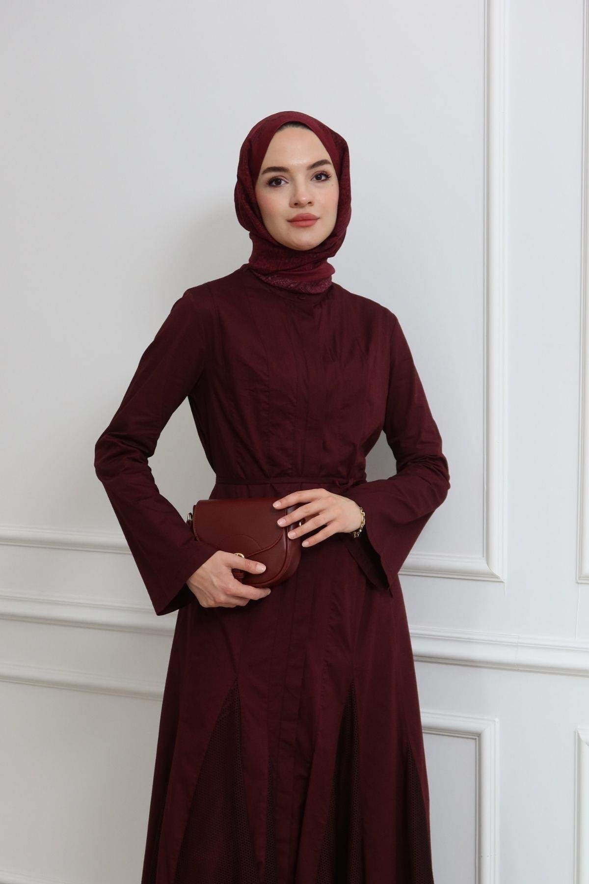 Neptün Eteği File Detaylı Elbise Bordo