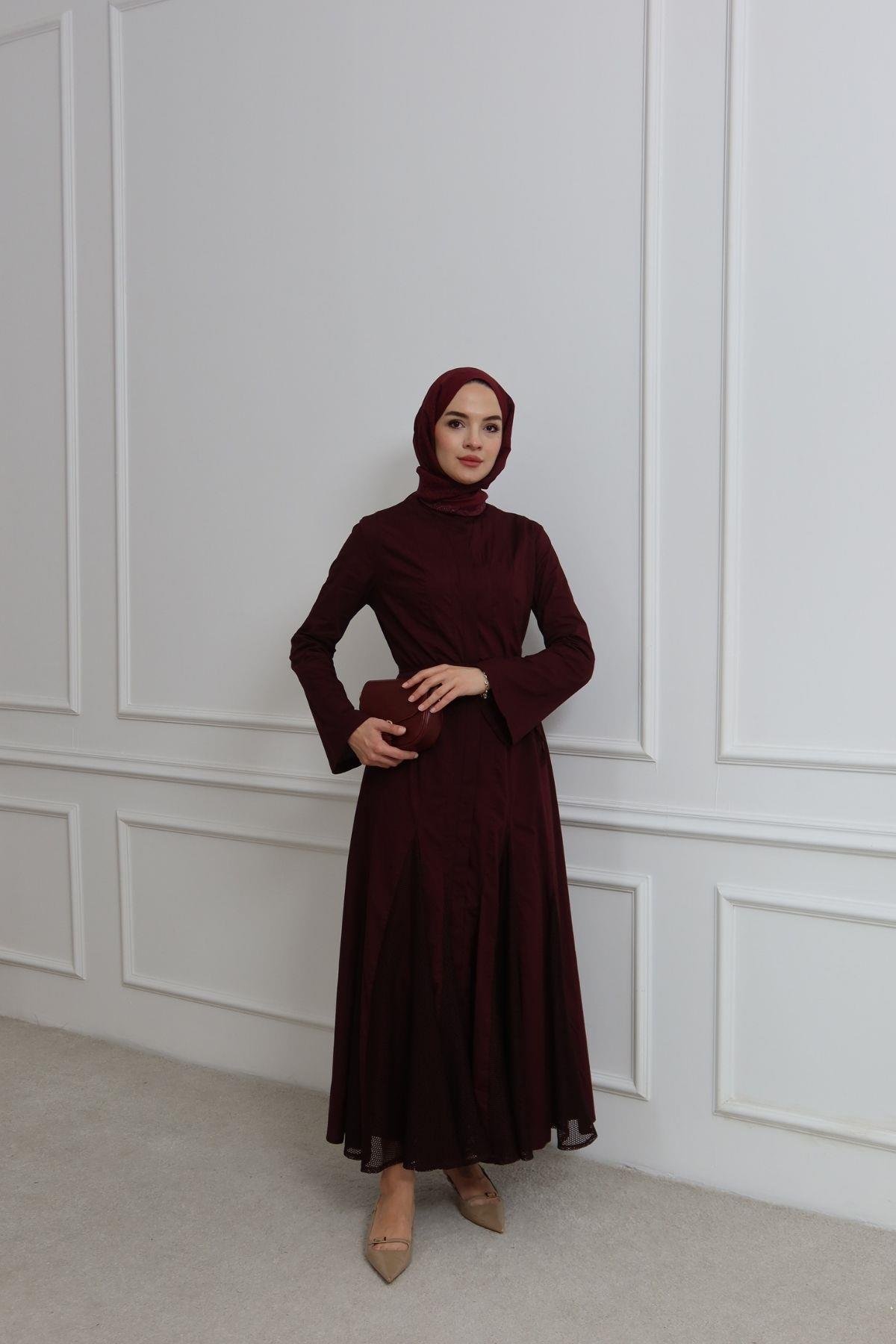 Neptün Eteği File Detaylı Elbise Bordo