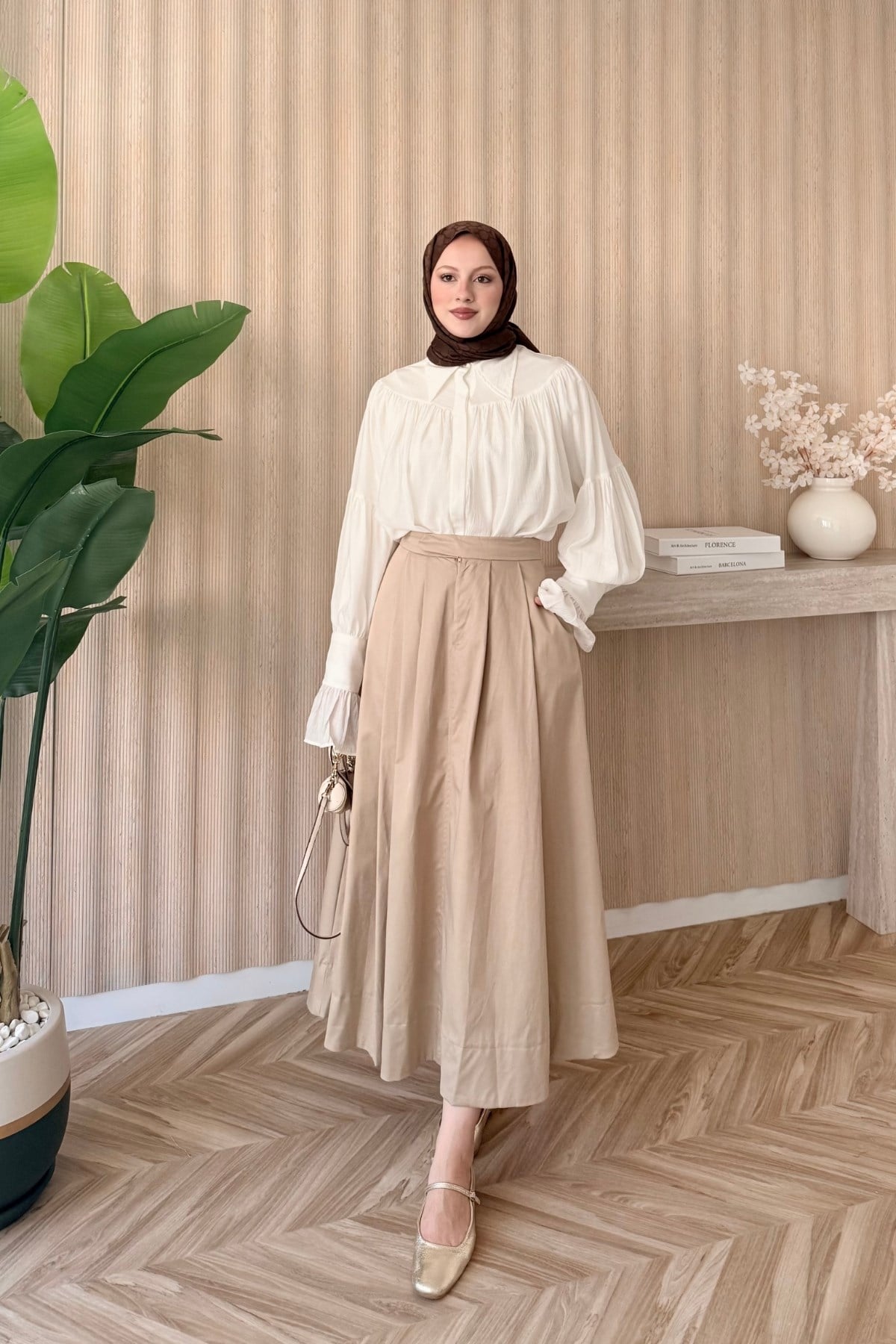 Pileli Gabardin Etek Camel