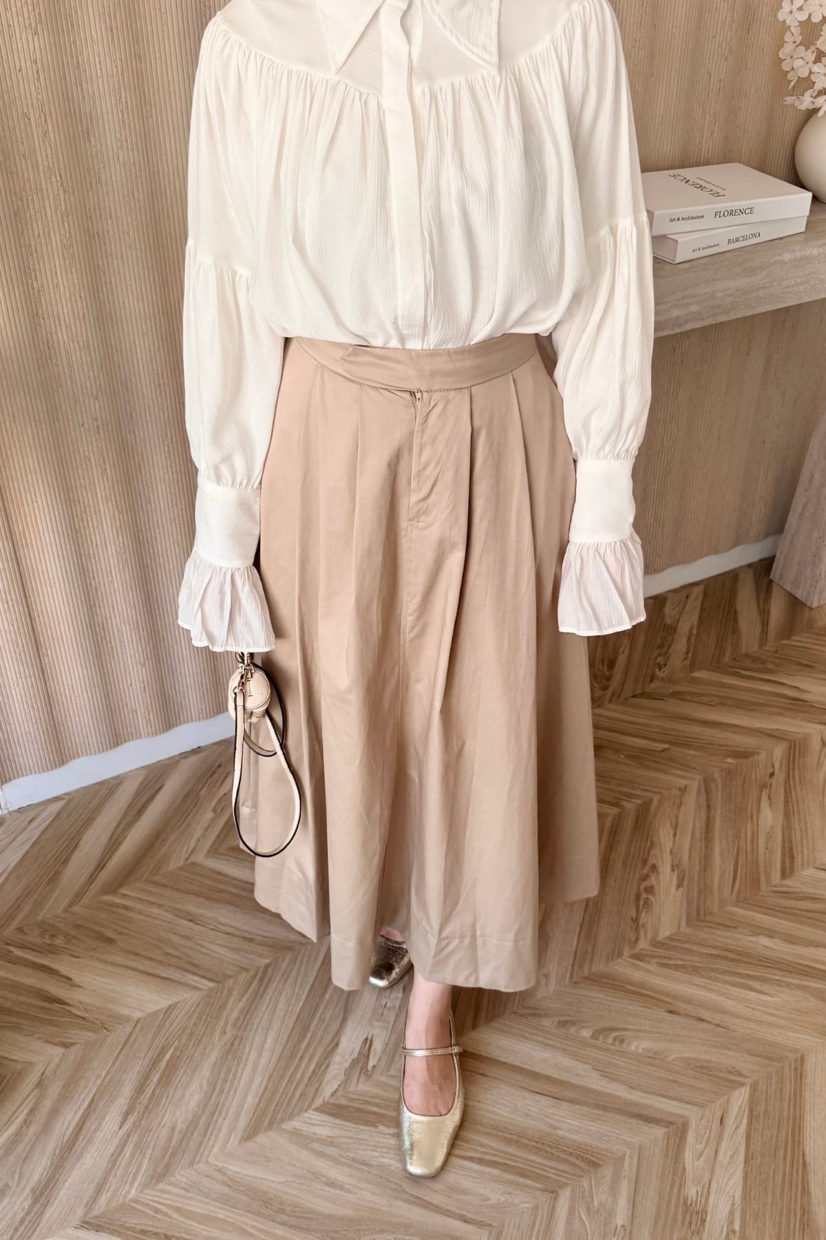Pileli Gabardin Etek Camel