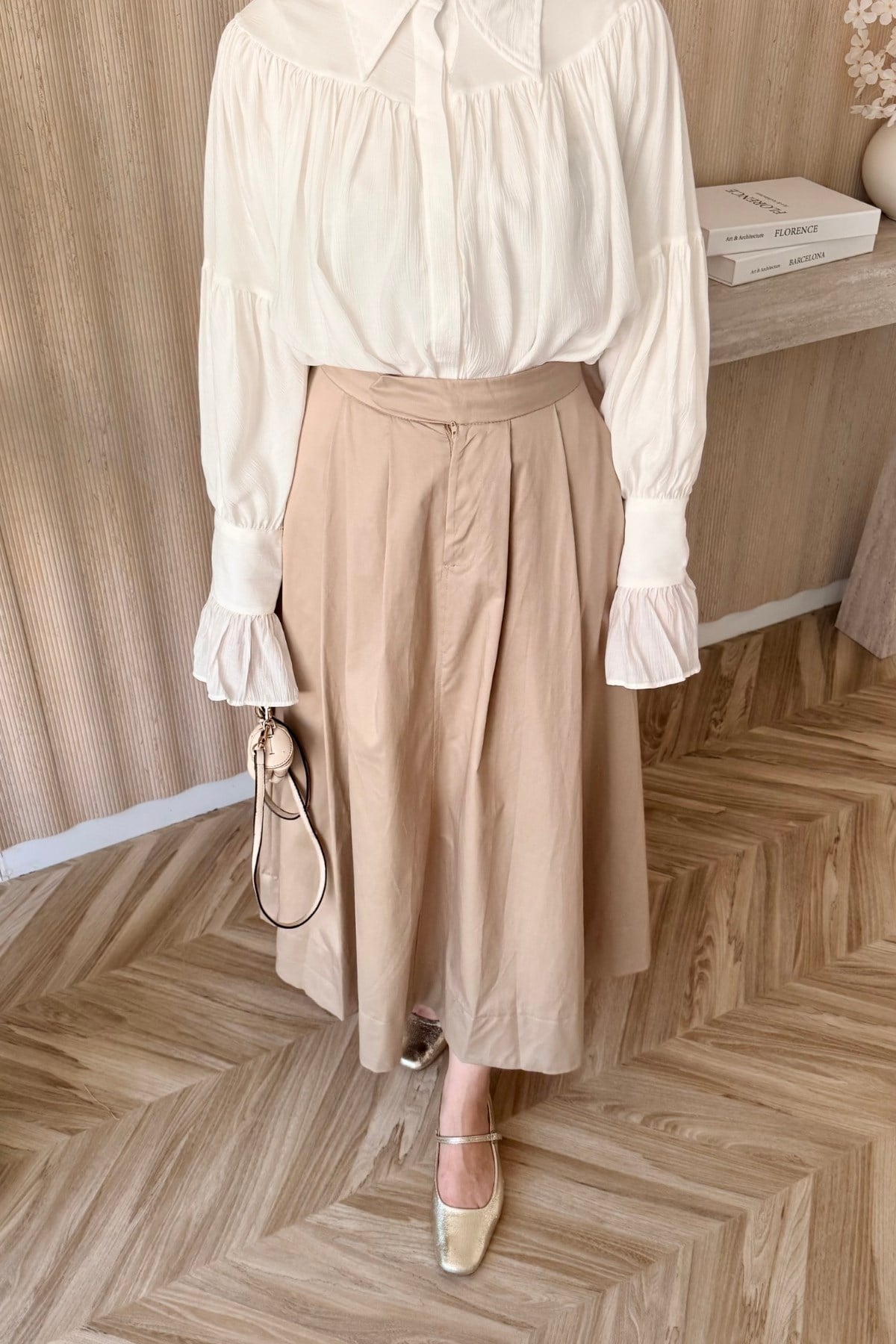 Pileli Gabardin Etek Camel