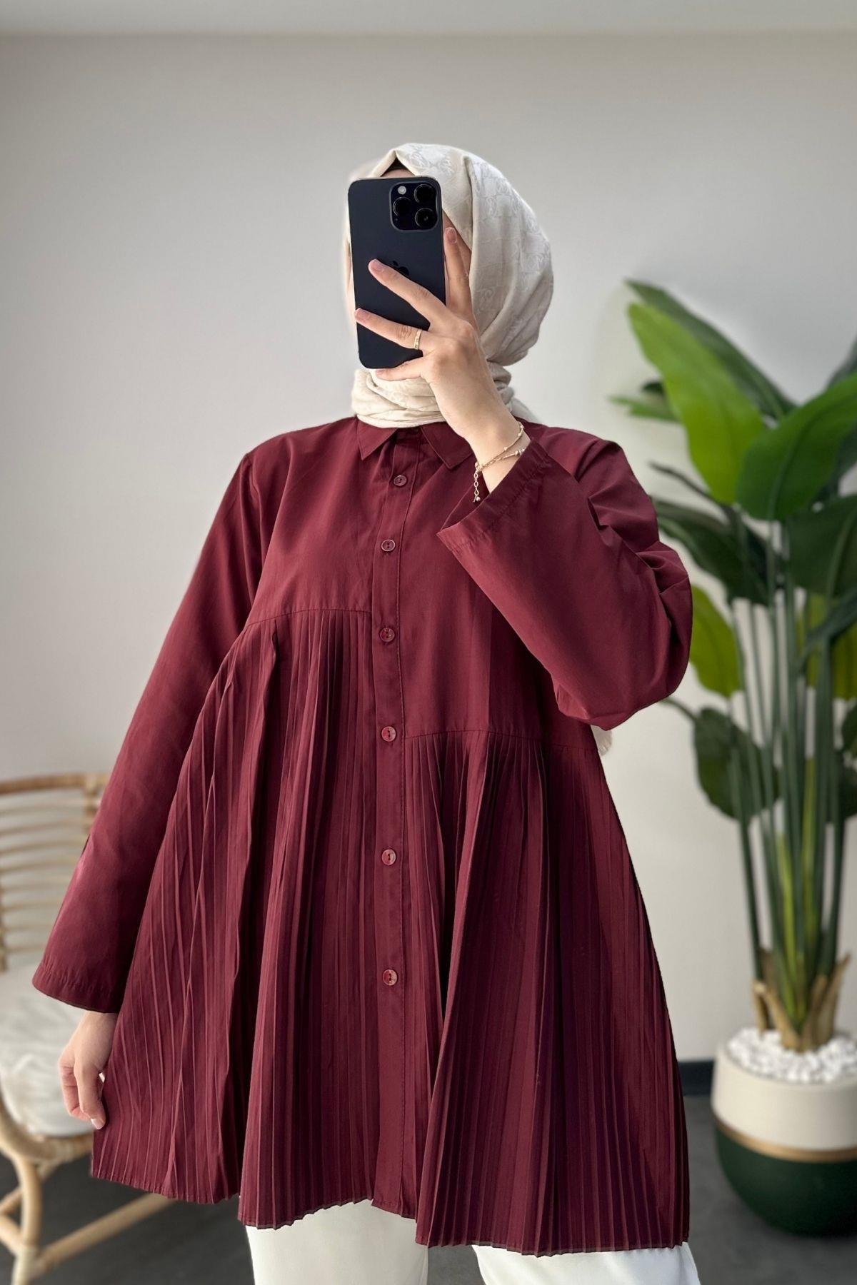 Piliseli Poplin Gömlek Bordo
