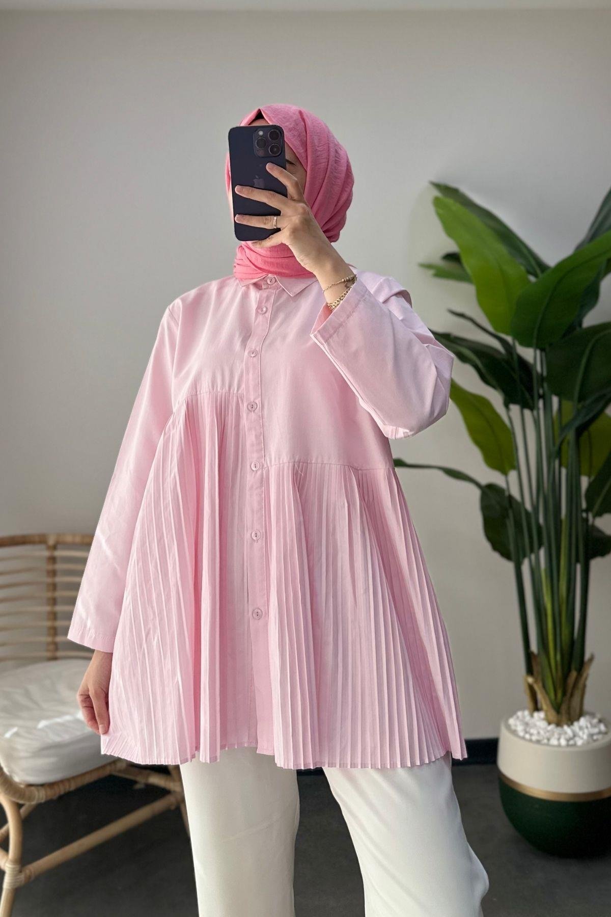 Piliseli Poplin Gömlek Pembe