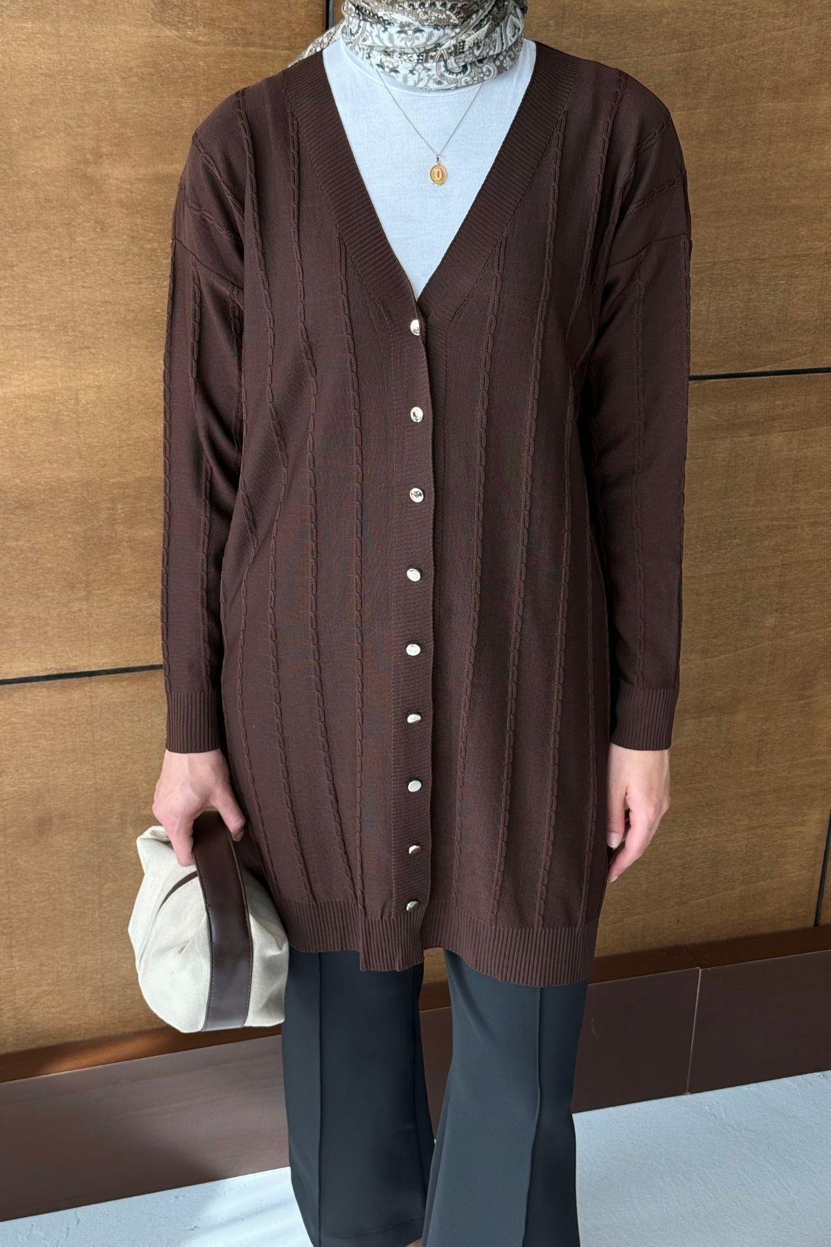 Premium Örgülü Triko Hırka Kahverengi