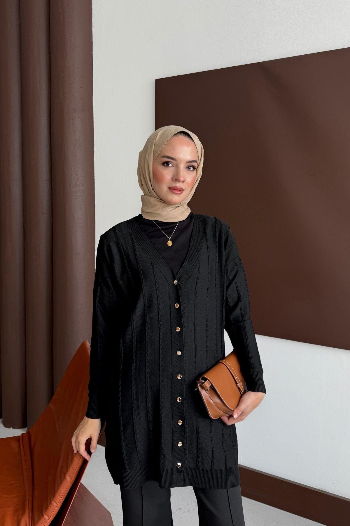 Premium Örgülü Triko Hırka Siyah