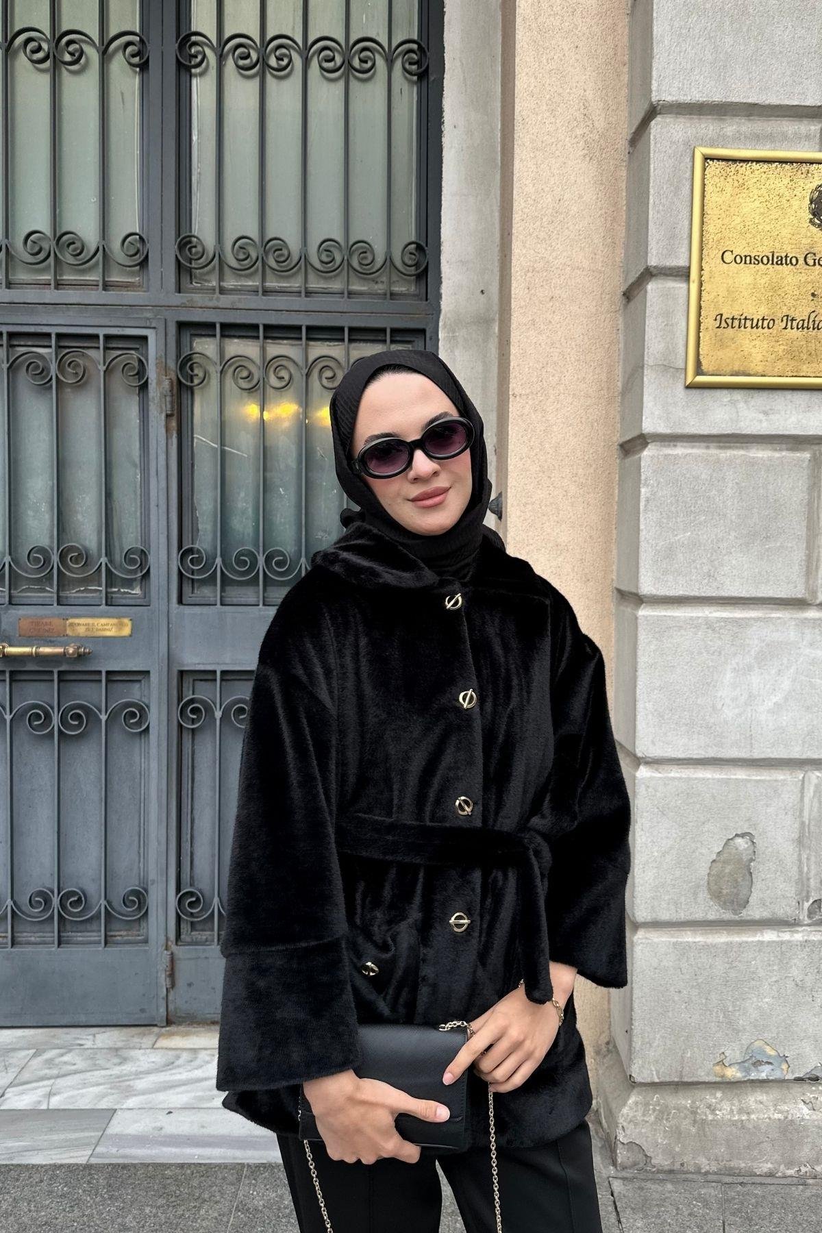 Riba Peluş Mont Siyah