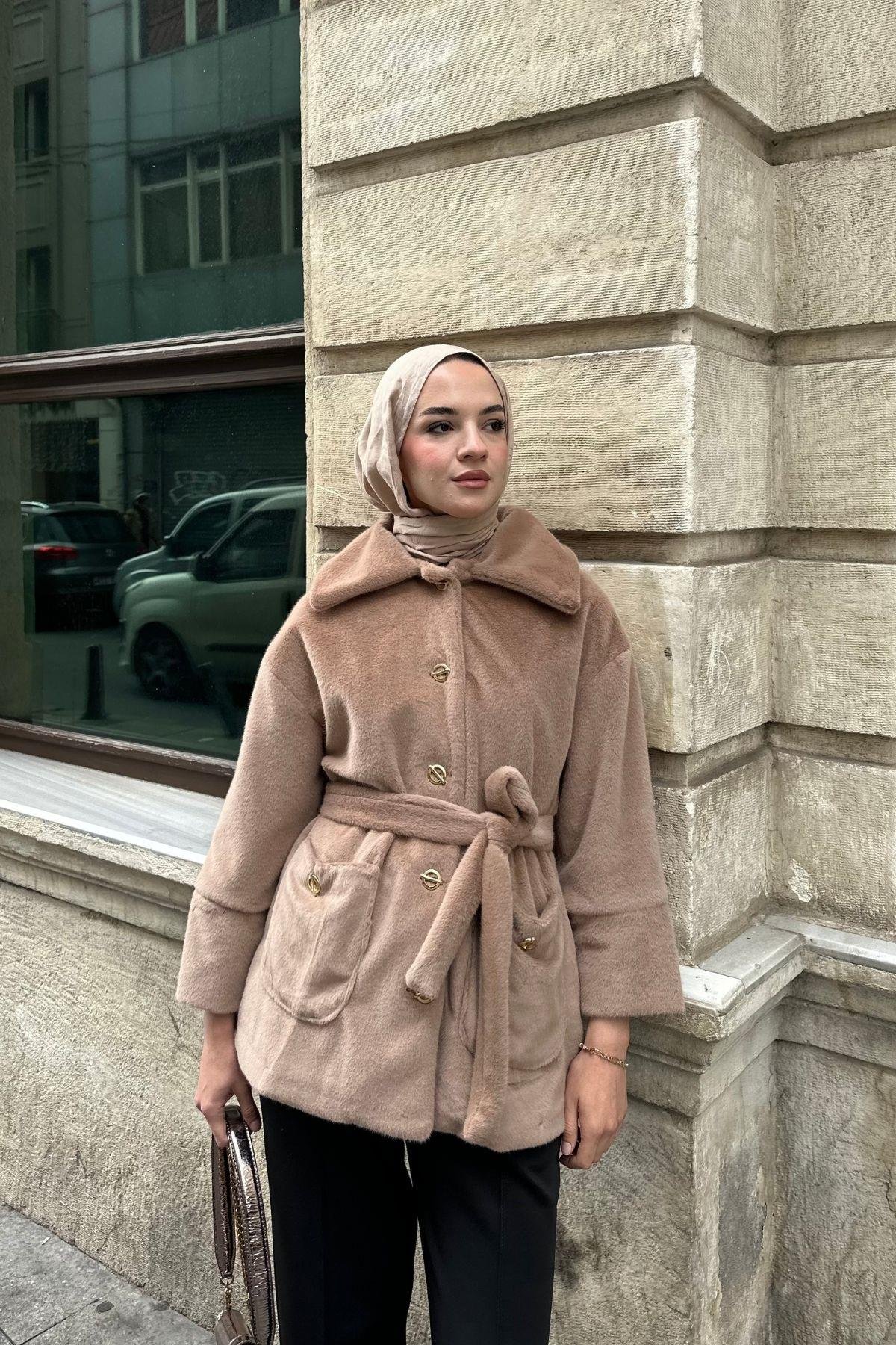 Riba Peluş Mont Vizon